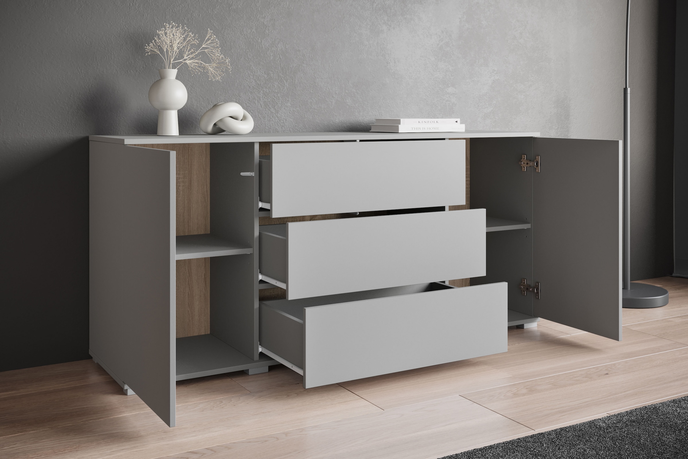INOSIGN Sideboard »Kenia, Kommode für das Schlafzimmer/Wohnzimmer«, (1 St.), Modernes Sideboard mit 3 Schubladen und 4 Fächern, Breite 150 cm