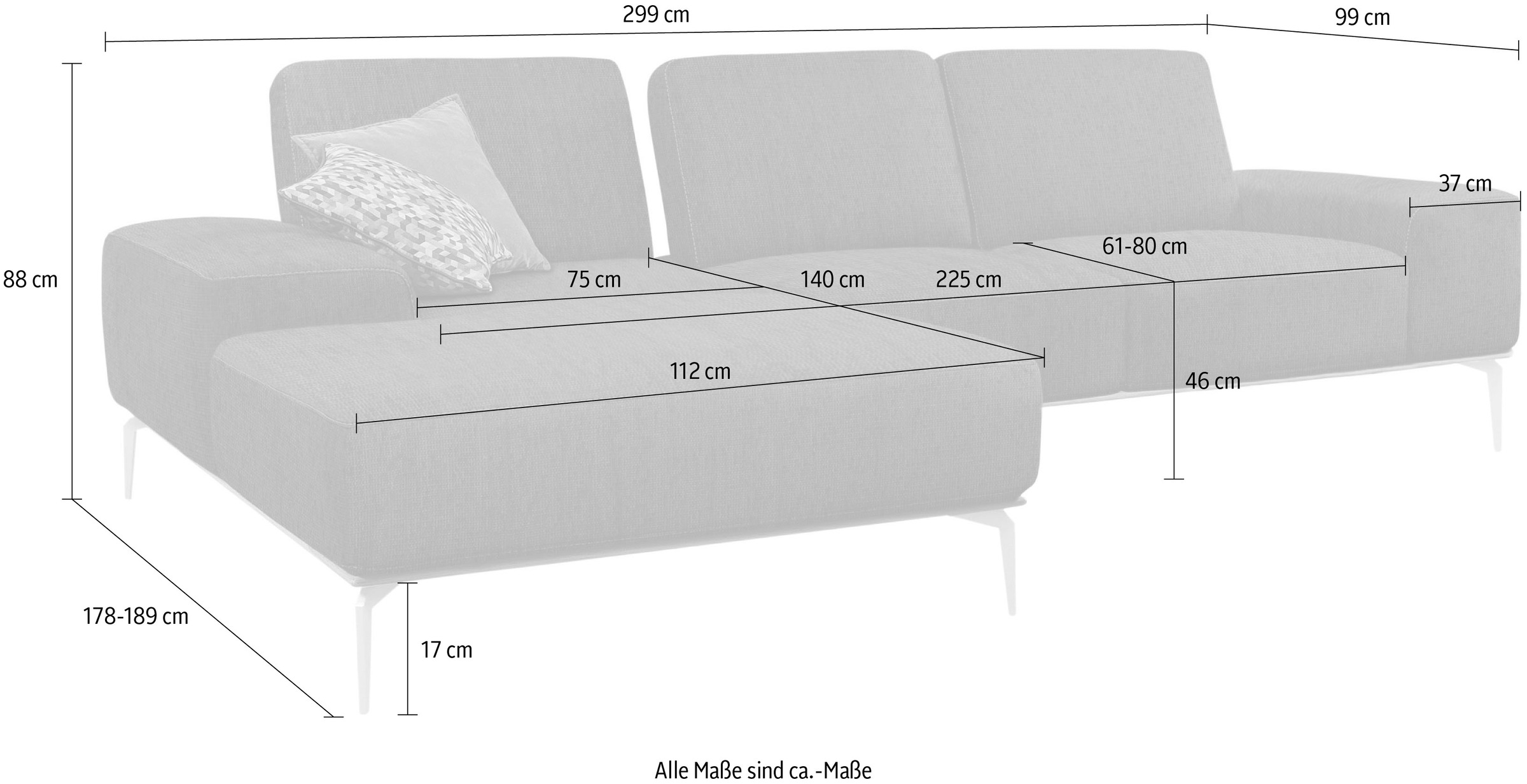 W.SCHILLIG Ecksofa »run, Designsofa mit tollem Sitzkomfort, L-Form«, mit Holzsockel, Füße in Bronze pulverbeschichtet, Breite 299 cm