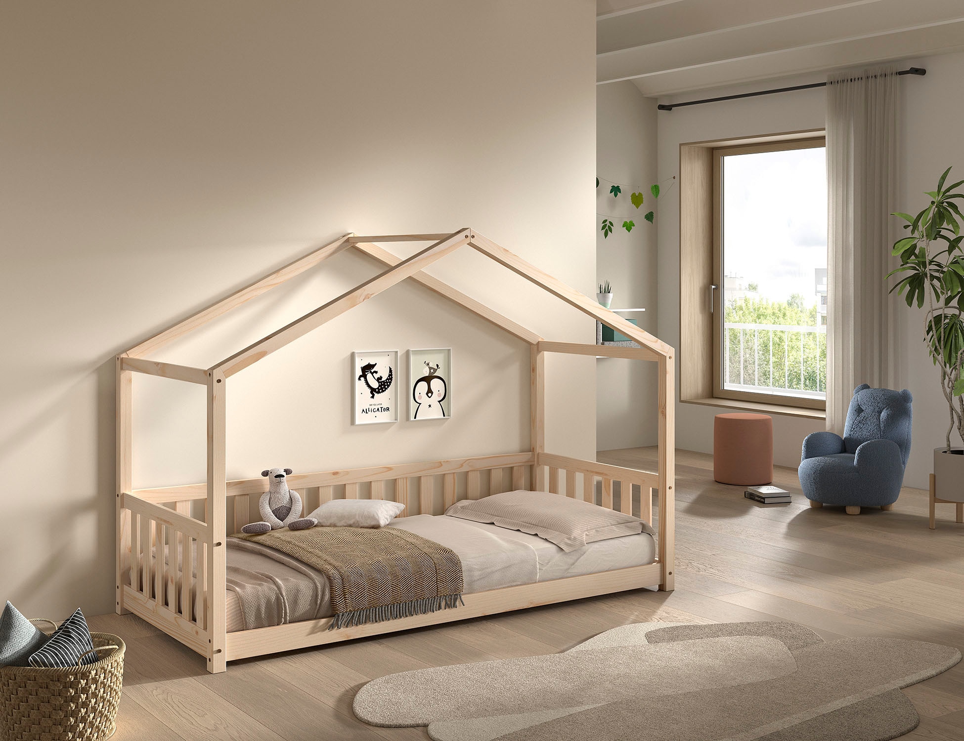 Vipack Hausbett »Dallas, Massivholzbett mit Dachaufbau umbaubar vom Boden- zum Daybett« inkl. Rolllattenrost und Sprossenumrandung, 90 oder 140x200 cm breit,  stabil und standfest gebaut, wahlweise Kiefer massiv natur oder weiß