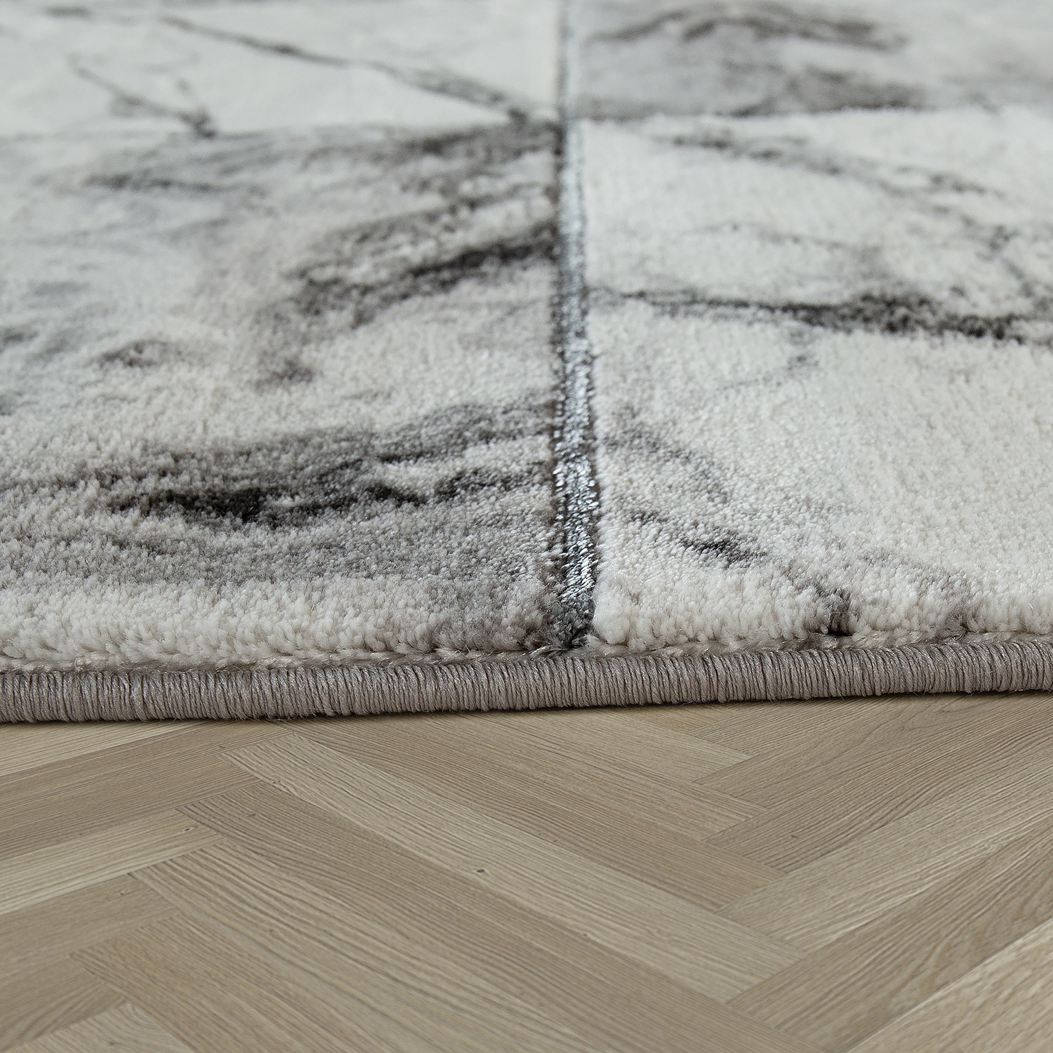 Paco Home Teppich »Kraft 521«, rund, 15 mm Höhe, Kurzflor, kariertes Marmor-Design, gold- oder silberfarbene Akzente
