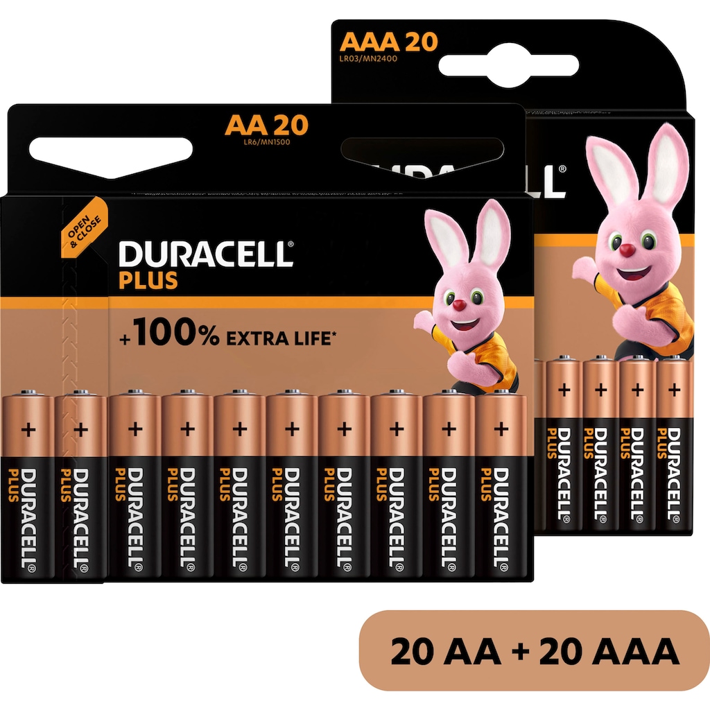 Duracell Batterie »20+ 20 Pack: 20x Mignon/AA/LR06 + 20x Micro/AAA/LR03«, LR03, 1,5 V, (Spar-Set, 40 St., Alkaline Batterie, 40 Stück)