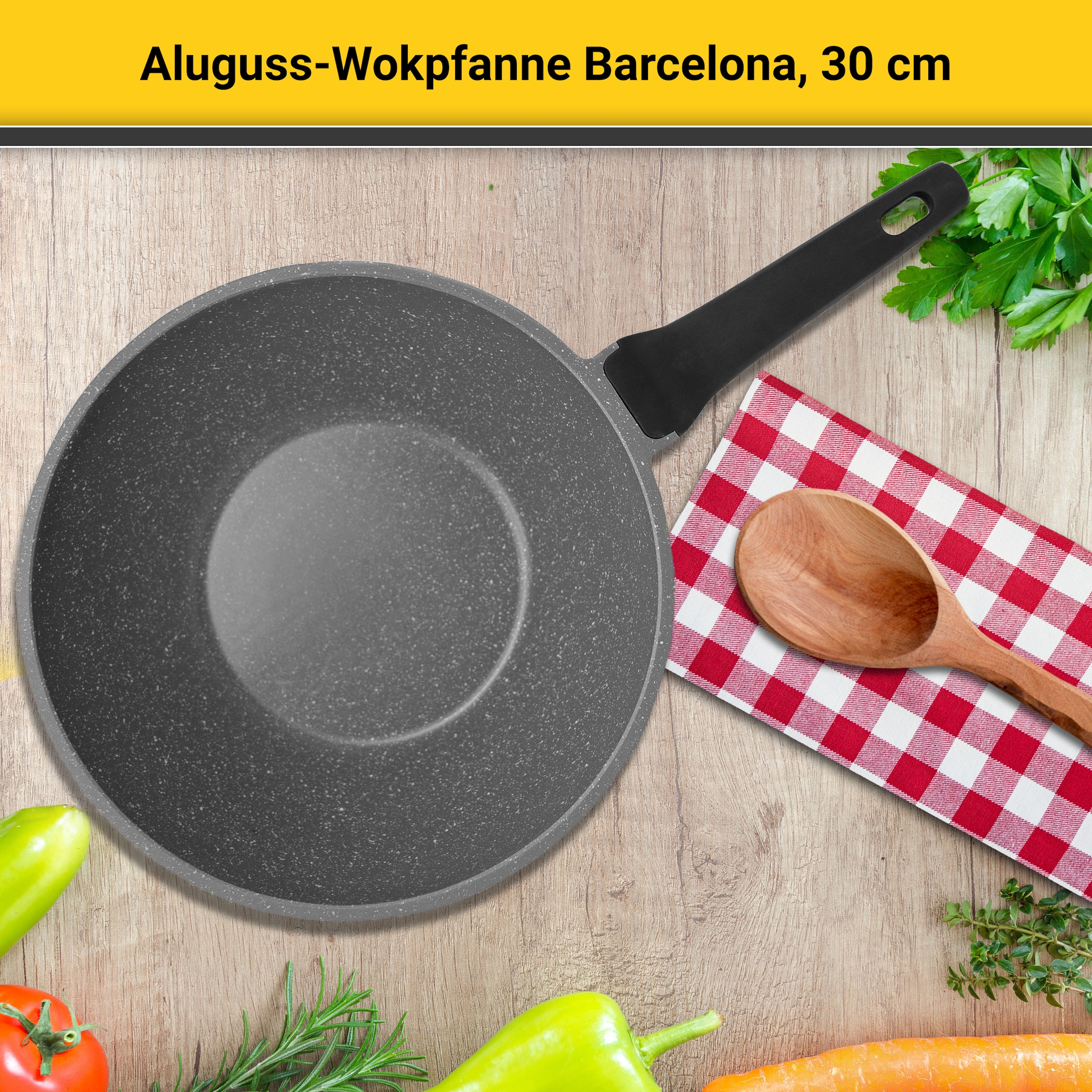 Krüger Wok »Aluguss Wokpfanne Barcelona, 30 cm«, Aluminiumguss, (1 tlg.), für Induktions-Kochfelder geeignet