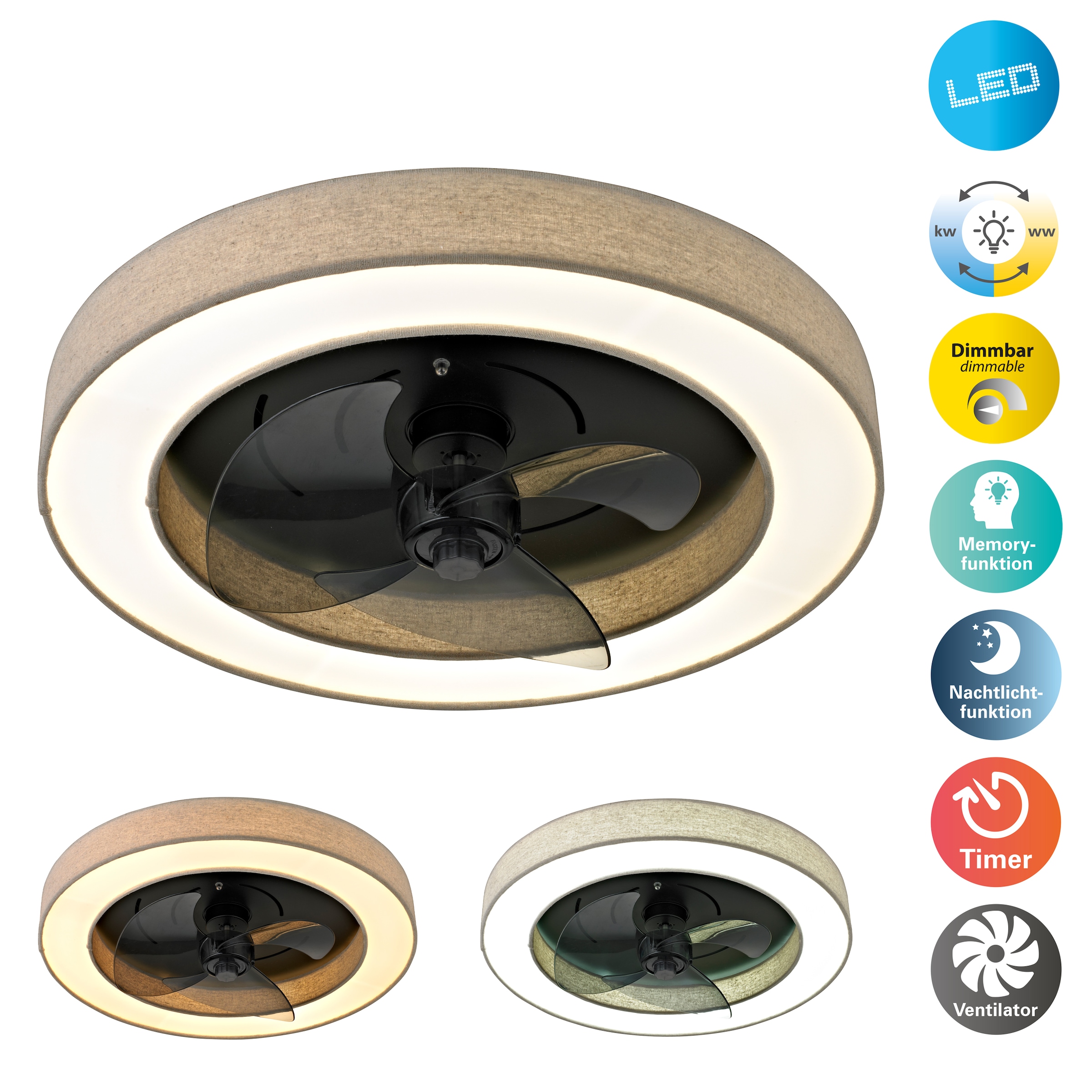 OTTO home LED Deckenleuchte »Deckenventilator Vittor« LED-Modul 1 Stk. warmweiß - kaltweiß inkl. Ventilator, dimmbar, CCT, Memory, Nachtlicht, Timer, IR-Fernbed.