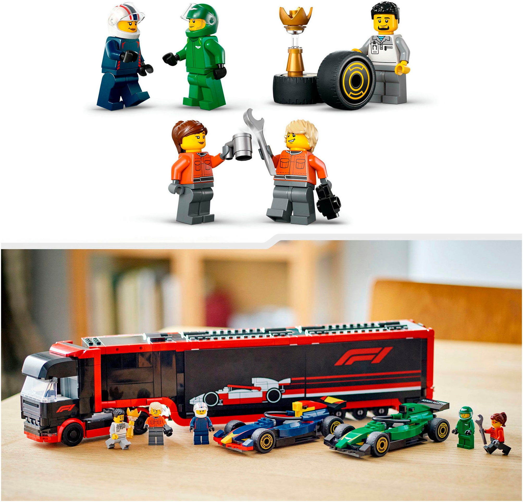 LEGO® Konstruktionsspielsteine »F1® Transporter mit RB20 & AMR24 F1® Rennautos (60445), LEGO City«, (1086 St.), Made in Europe