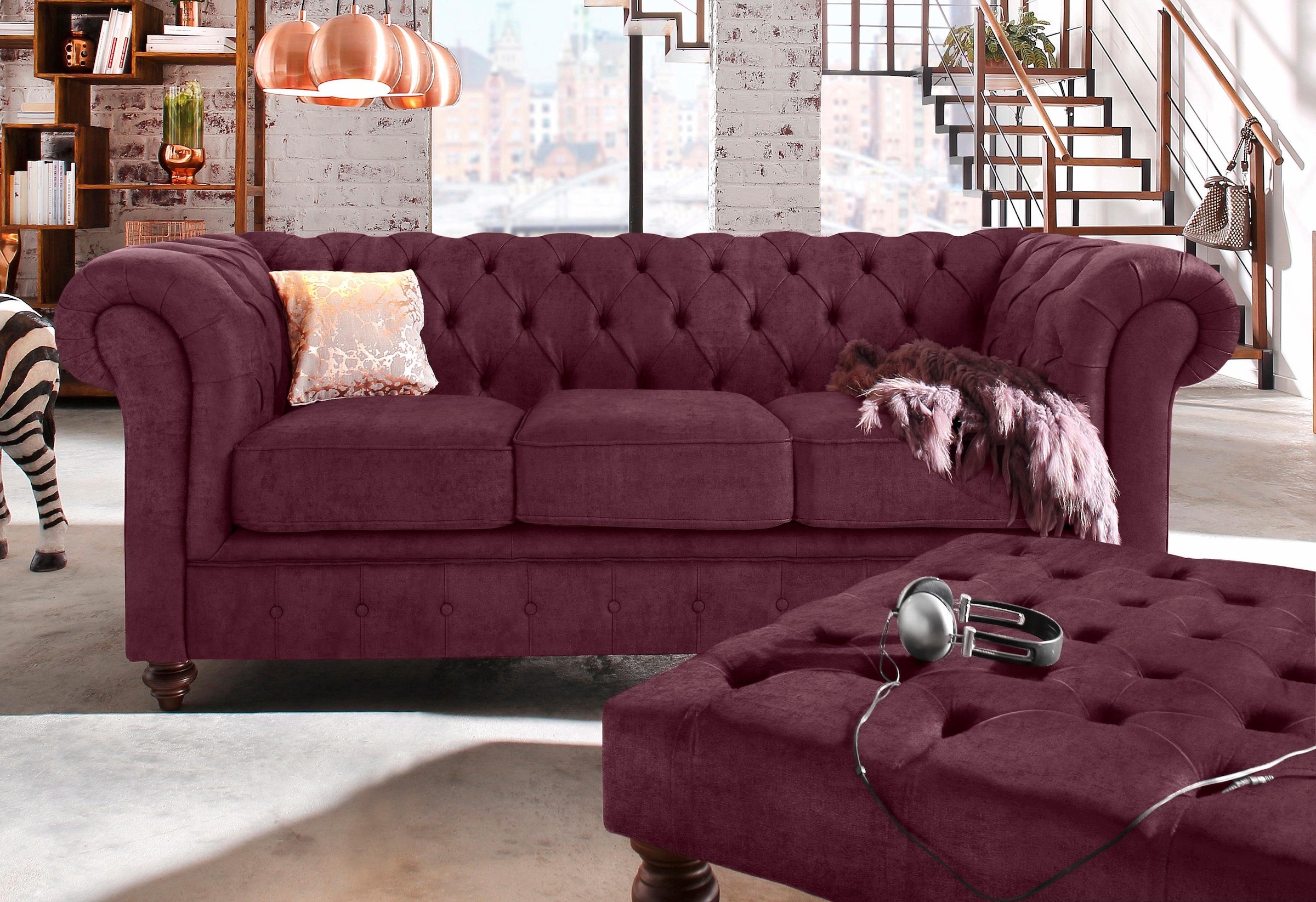 Home affaire Chesterfield-Sofa »Chesterfield 3-Sitzer B/T/H: 198/89/74 cm«, mit hochwertiger Knopfheftung, auch in Leder