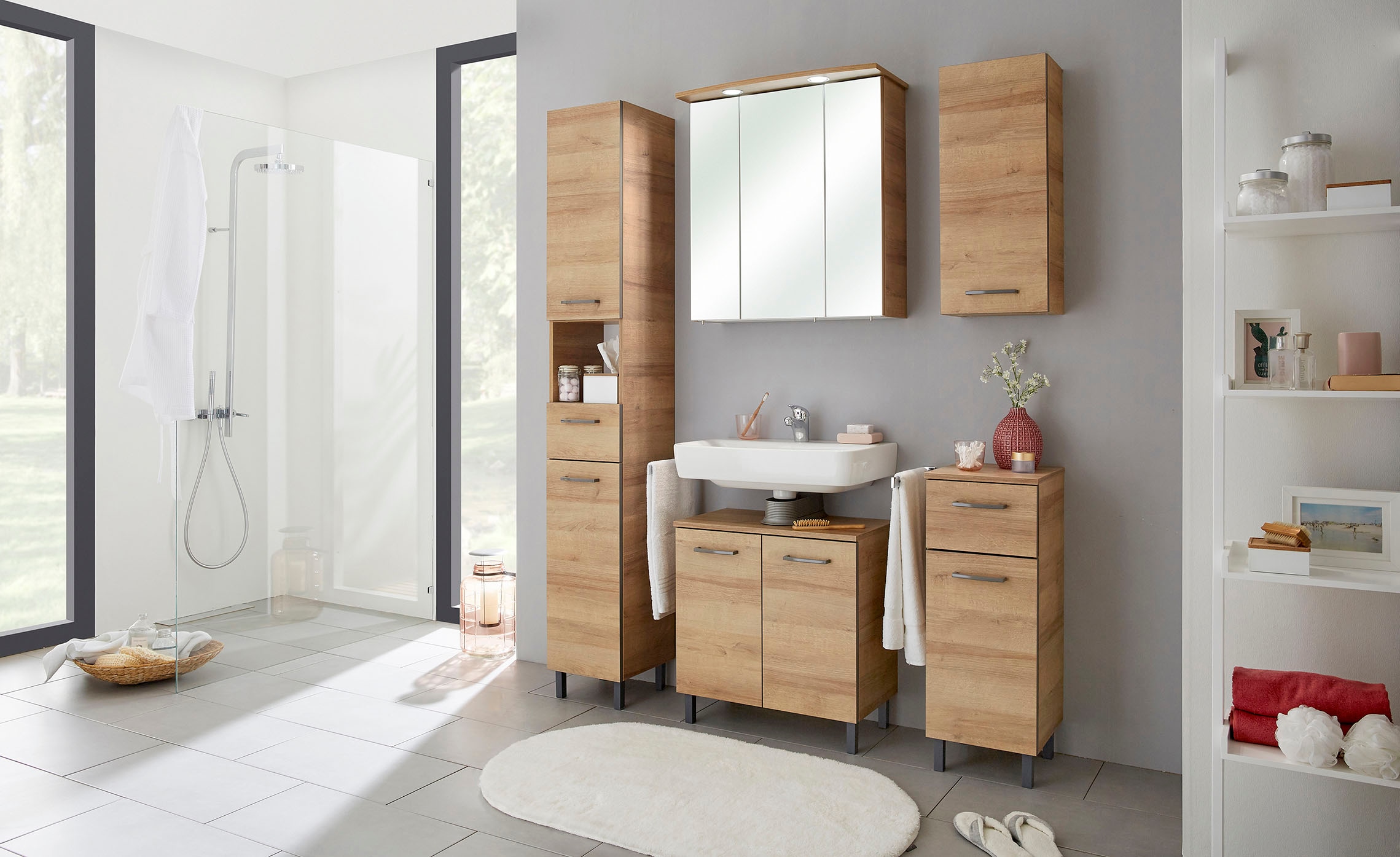 Saphir Unterschrank »Quickset 919 Badschrank mit 1 Tür, 1 Schublade, 30 cm breit«, Badezimmermöbel, Riviera Eiche quer Nachbildung, Griffe in Grau