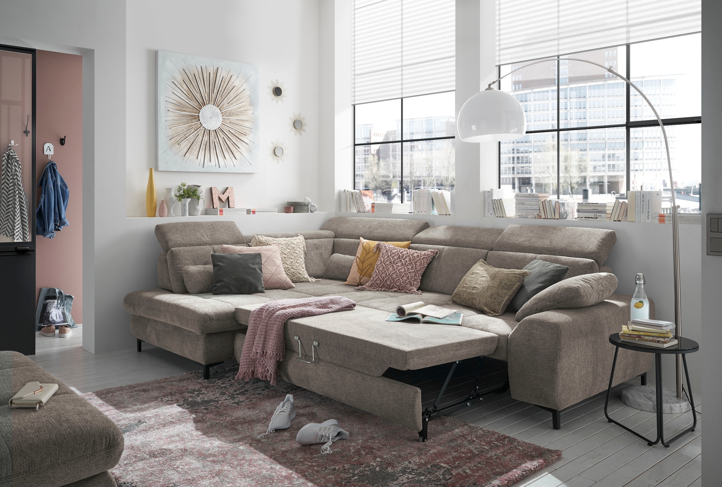 set one by Musterring Ecksofa »SO 3400 Sitzhöhe 47cm oder 49cm, Sitztiefe verstellbar, B/T 317/220 cm«, Kaltschaumpolsterung, Flachgewebe, whlw. mit Funktionen, Sitzhöhe 47