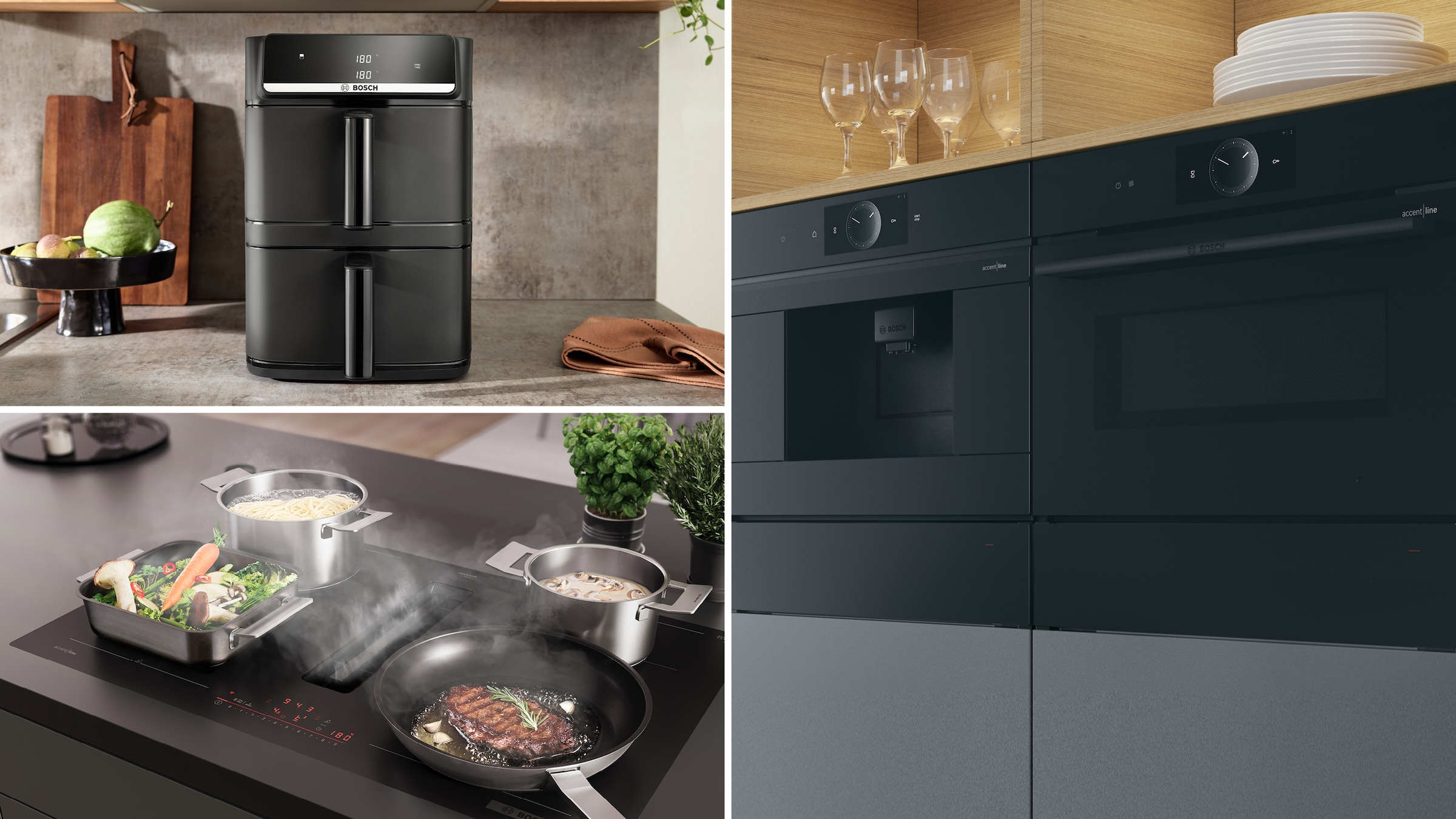 BOSCH Heißluftfritteuse »Serie 6 MAFD661B0, XXL Heißluftfritteuse, 12L, PFAS frei, Doppelkammer« 2800 W platzsparend, einfache Reinigung, weniger Fett, 6 Programme, schwarz