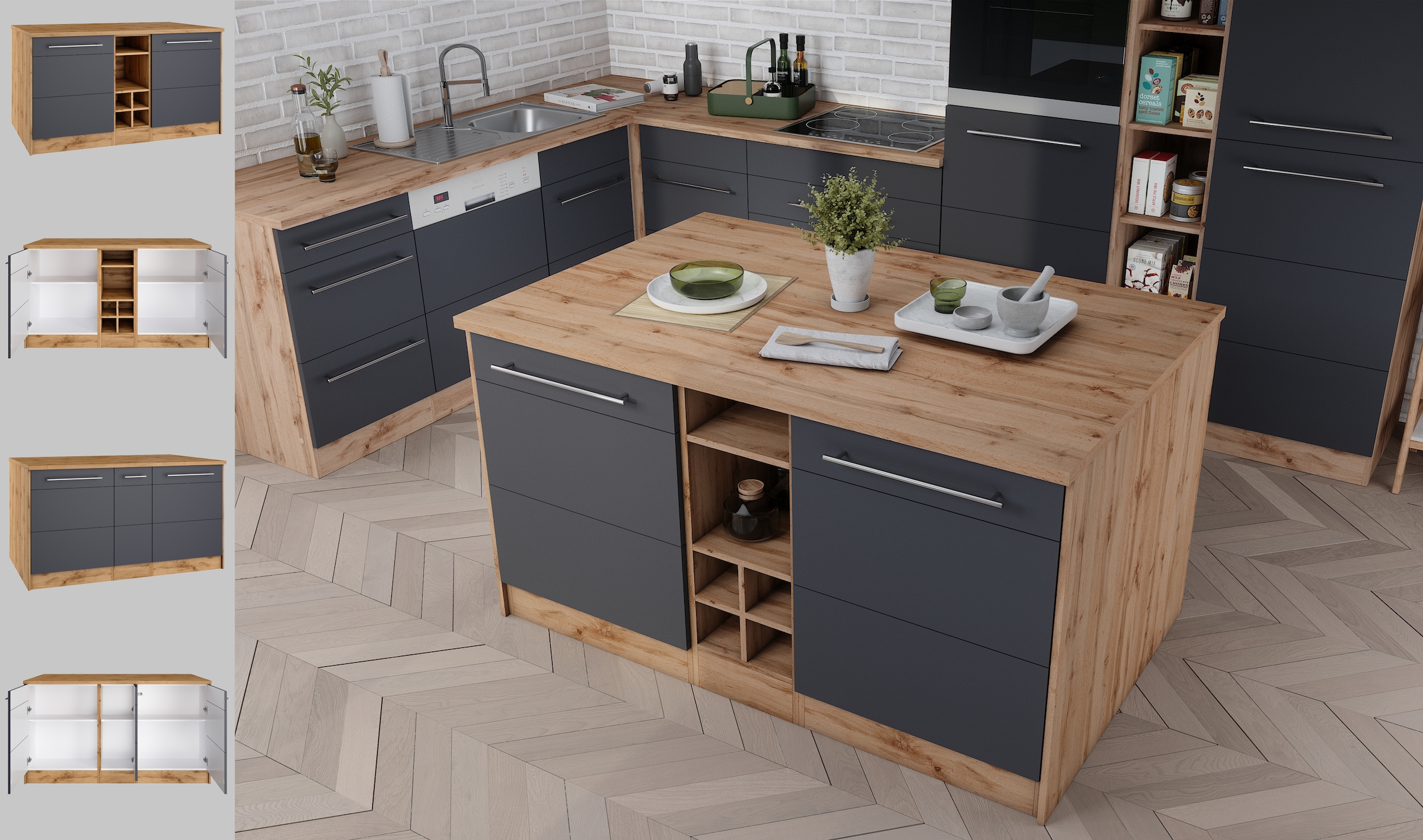 HELD MÖBEL Kücheninsel »Wien«, Breite 153 cm, MDF-Fronten, Flaschenregal