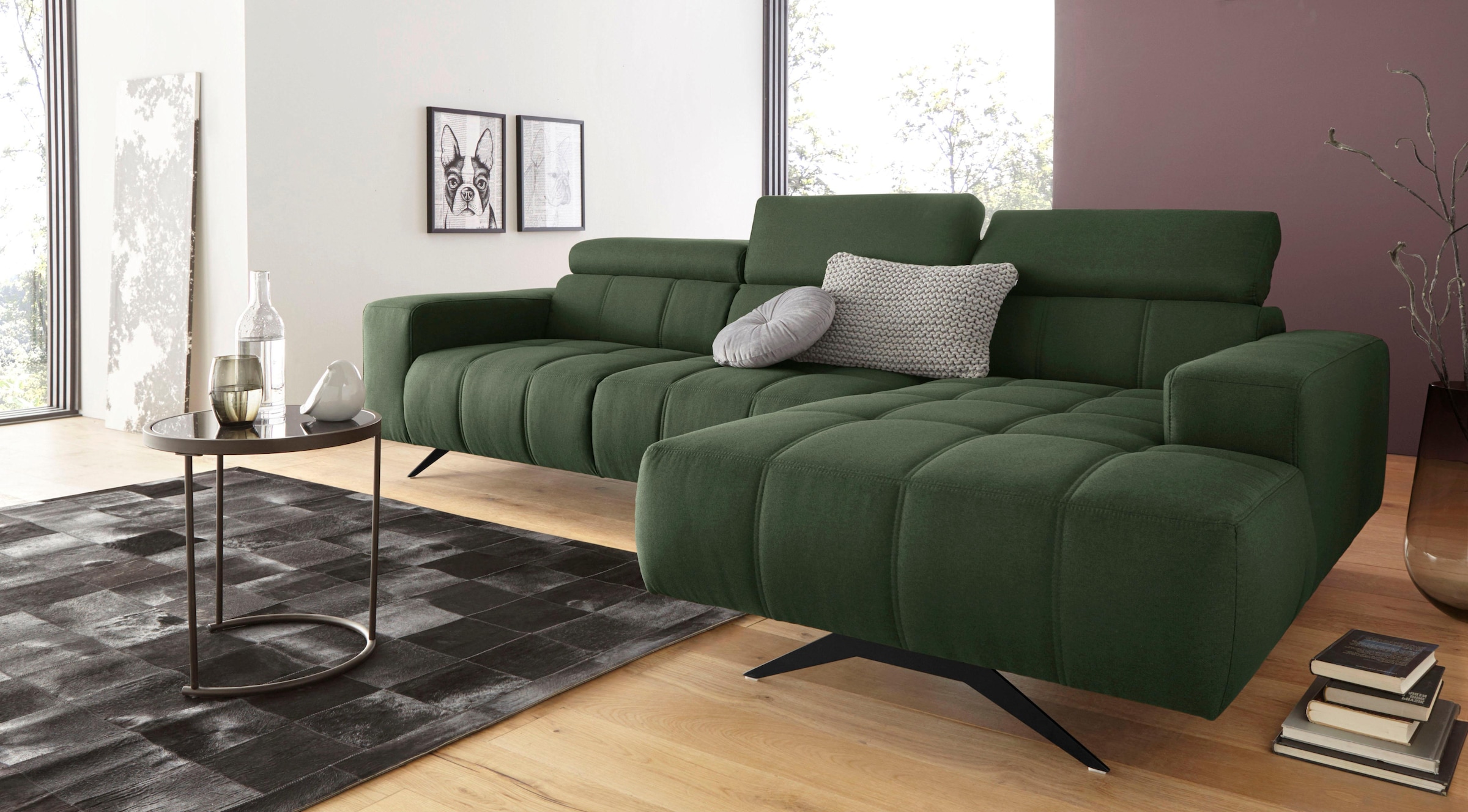 DOMO collection Ecksofa »Trento L-Form, mit Kufenfuß oder Einzelfuß« whlw. verstellbare Kopfteile, passend für gängige Saugroboter