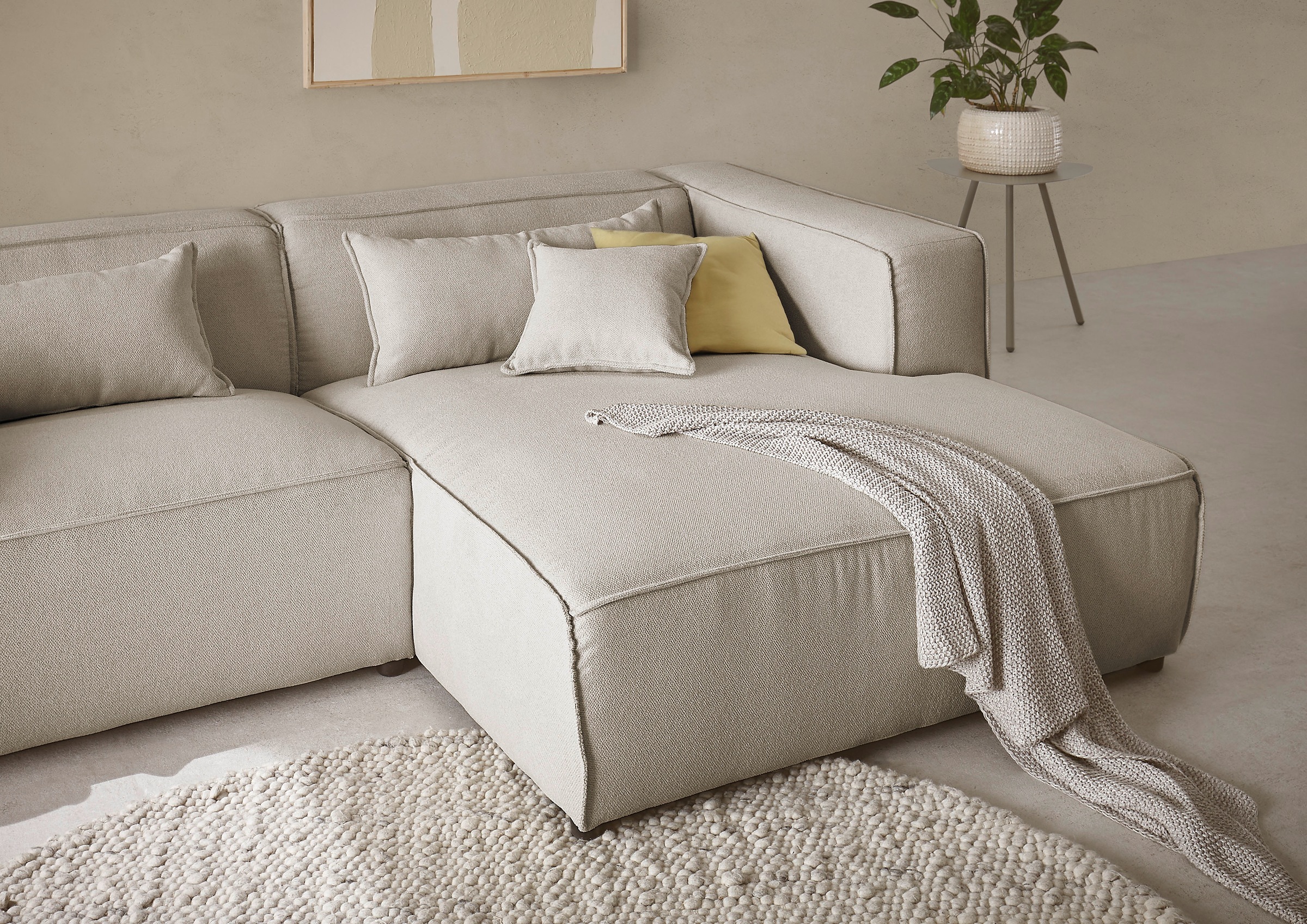LeGer Home by Lena Gercke Ecksofa »PIARA mit Kedernaht, Cord, Leinenoptik o. Strukturstoff, Couch, L-Form«, wahlweise Ottomane rechts/links, schwarze Füße, bequemer Sitzkomfort