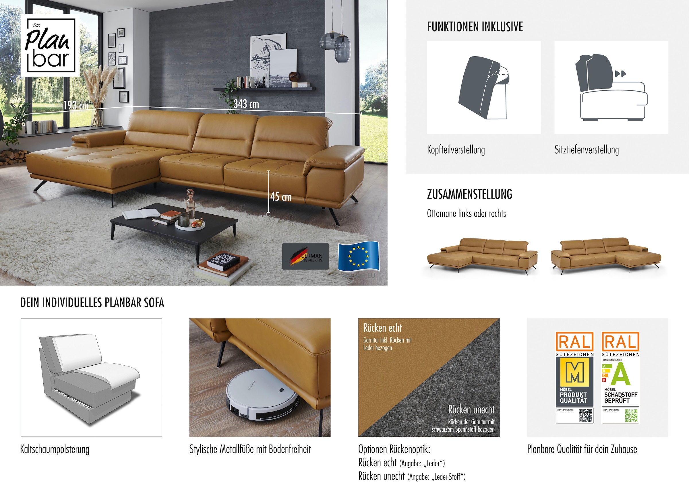 Die PlanBar Ecksofa »PN-EM19074, L-Form, Breite 343 cm« inkl. Sitztiefen- und Kopfteilverstellung