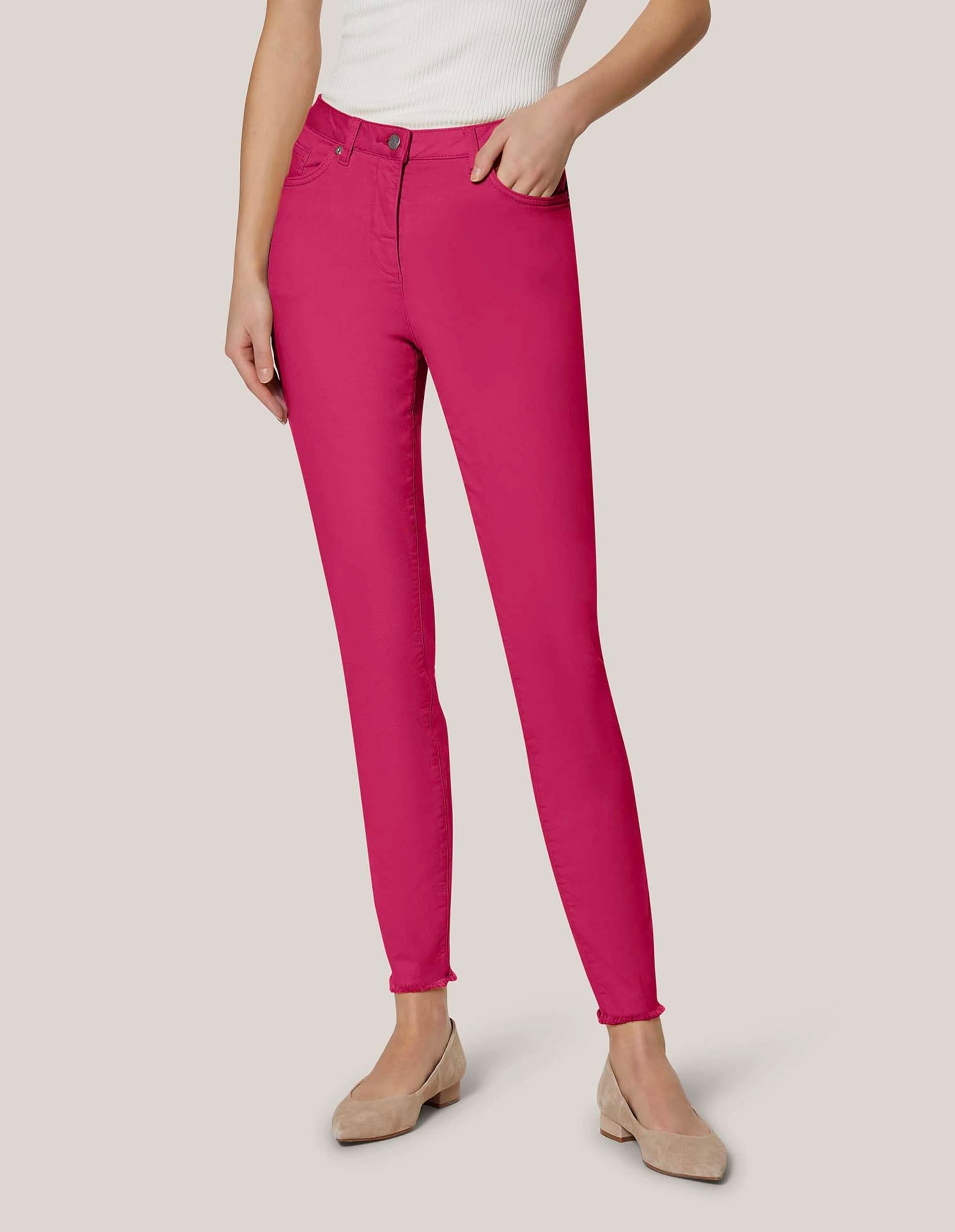 MADELEINE Regular-fit-Jeans »Jeans Mid Waist Skinny-Hose mit Fransen« mit Fransensaum