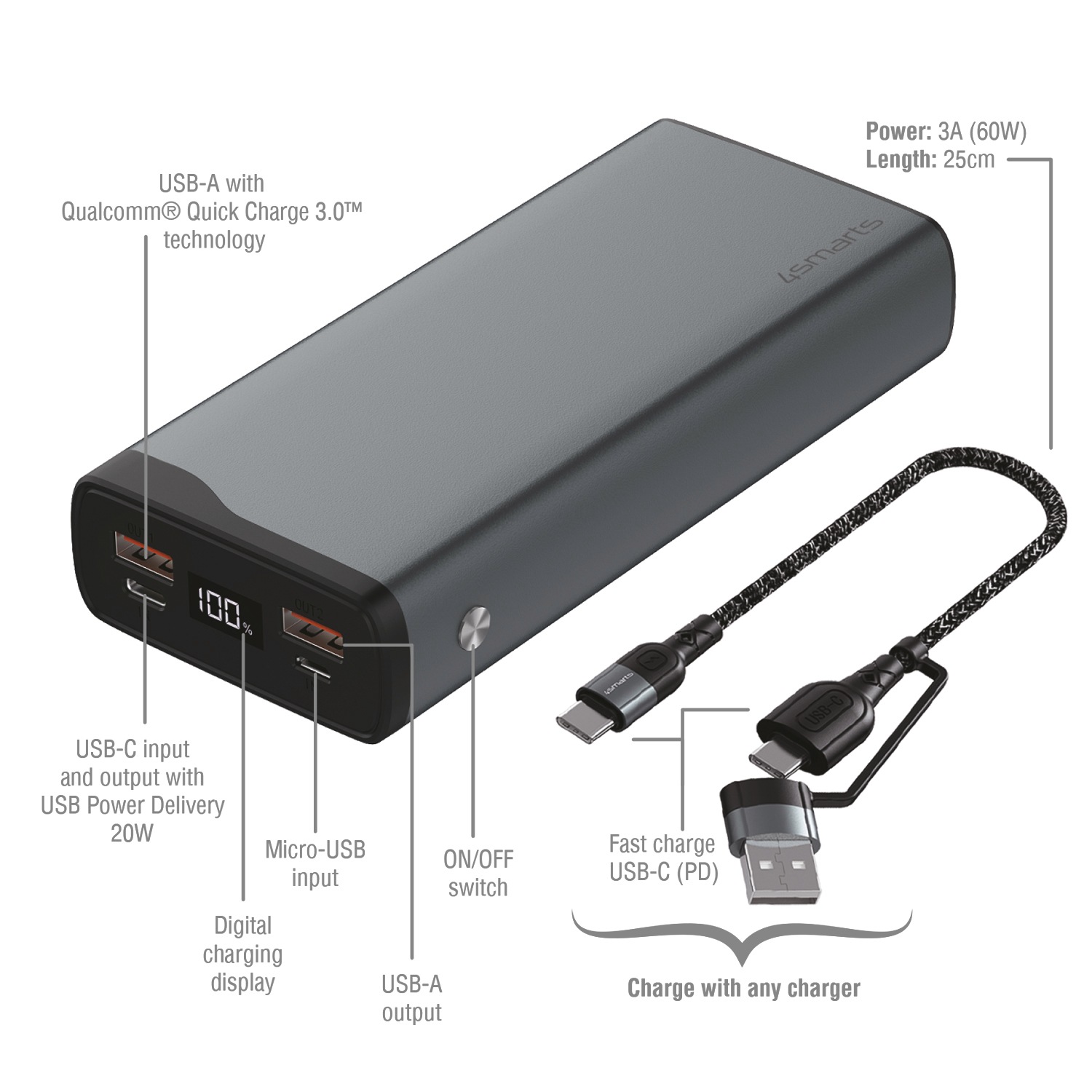 4smarts Powerbank »VoltHub Pro 20000mAh«, 4smarts Powerbank VoltHub Pro 20000mAh QuickCharge PD gunmetal, 10000 mAh