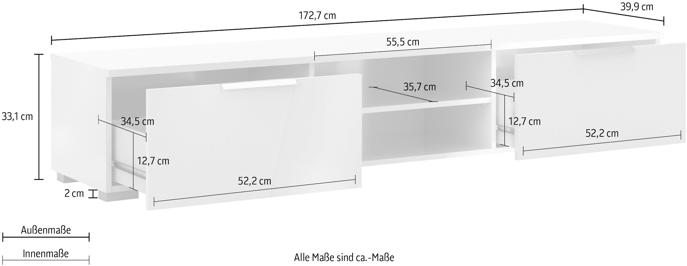INOSIGN TV-Board »Match, TV-Möbel, Fernsehtisch, TV-Unit, Media-Möbel, Sideboard,«, mit 2 Schubladen und 1 offenen Fach, Breite 172,7 cm, Höhe 33 cm