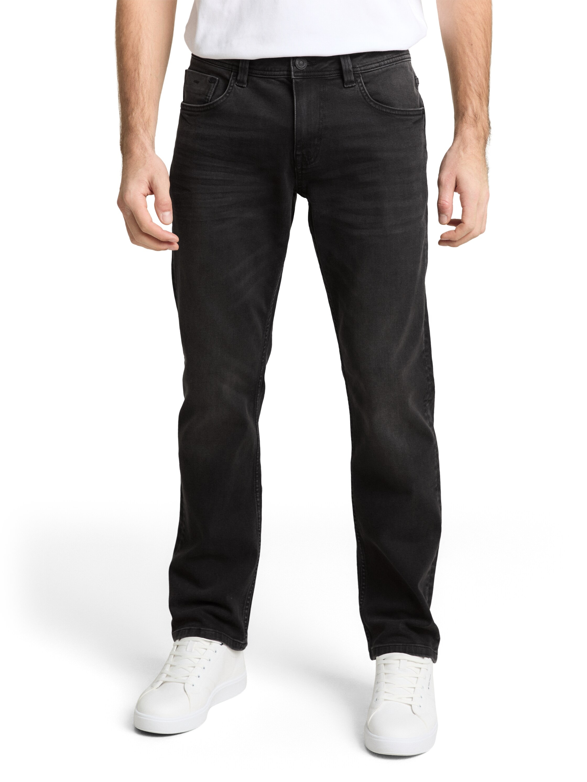 TOM TAILOR, Herren, 5-Pocket-Jeans »MARVIN« mit kleinem Logo-Print, used dark stone black denim, Länge 32, 33 - Länge 32, used dark stone black denim,