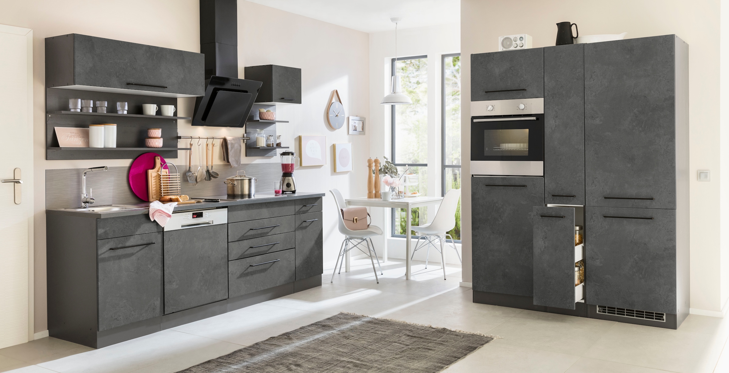 KOCHSTATION Küchenzeile »KS-Tulsa« mit E-Geräten, Breite 380 cm, schwarze Metallgriffe, MDF Fronten