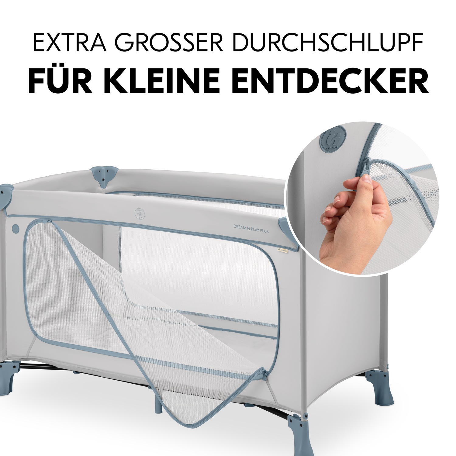 Hauck Baby-Reisebett »Dream N Play Plus, Dusty Blue«, Vorderausstieg