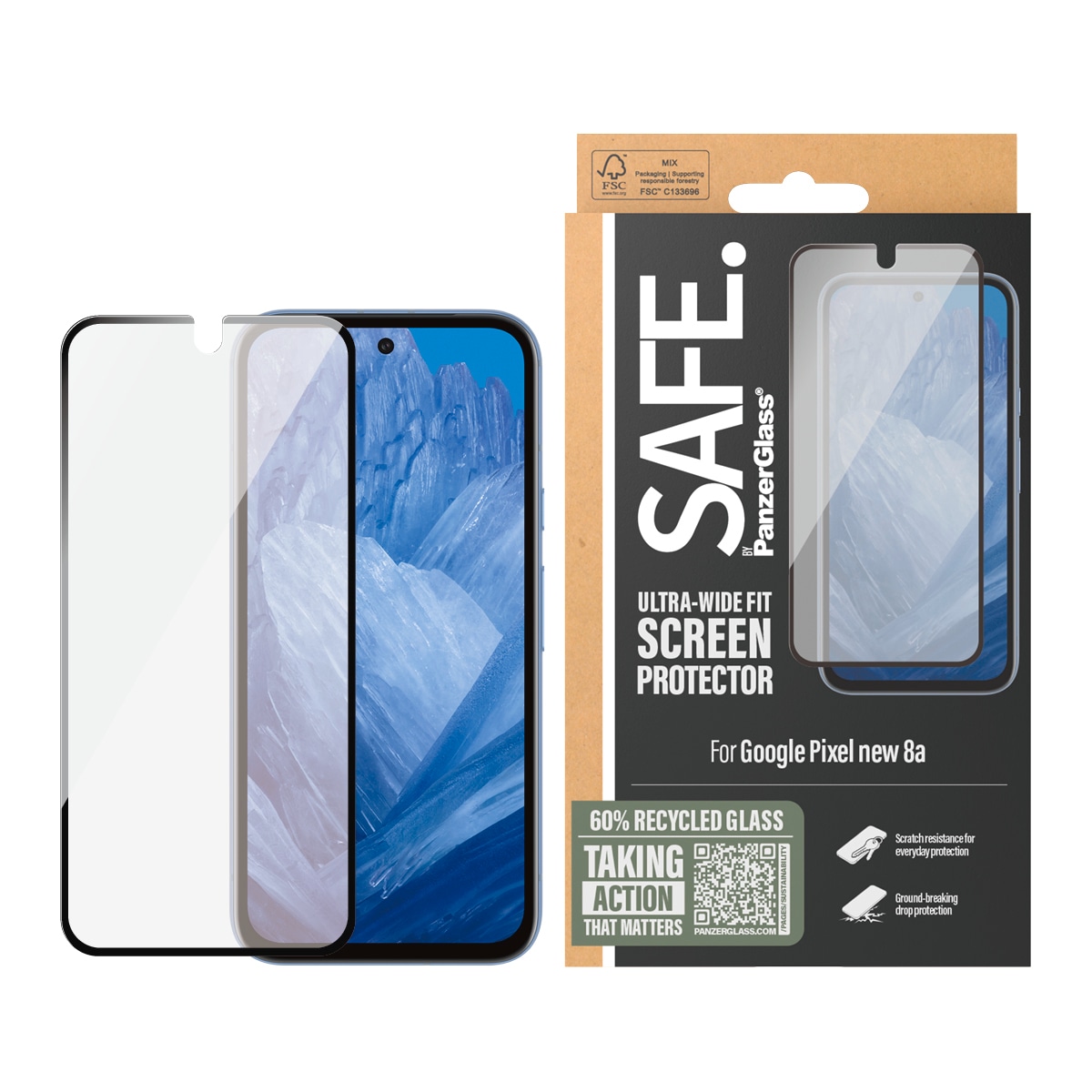 SAFE by PanzerGlass, Displayschutzglas »Ultra-Wide Fit Screen Protection« für Google Pixel 9a Displayschutzfolie, Schutzfolie, Bildschirmschutz, kratz