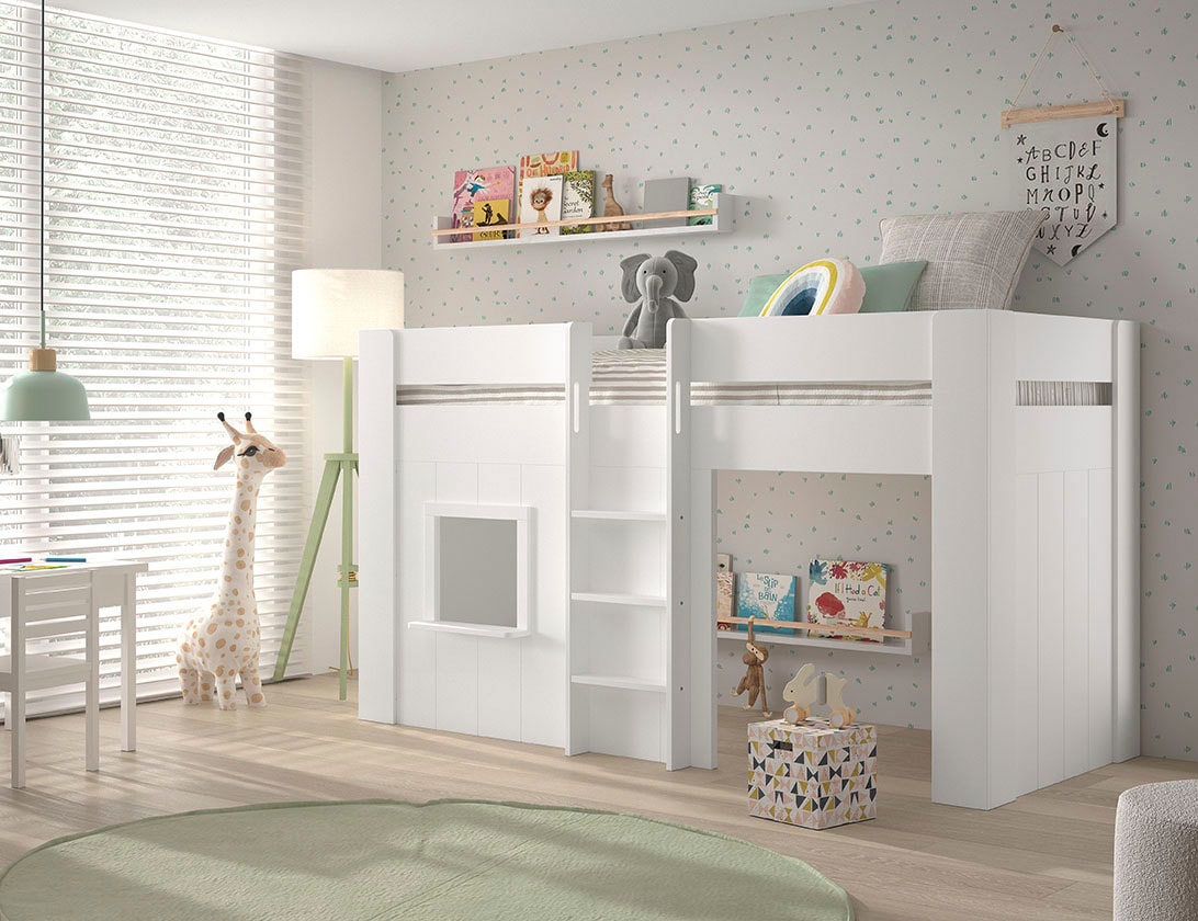 Vipack Hochbett »Reno«, (Made in Europe), in Hüttenoptik, LF 90x200 cm, m. LR, weiß lackiert