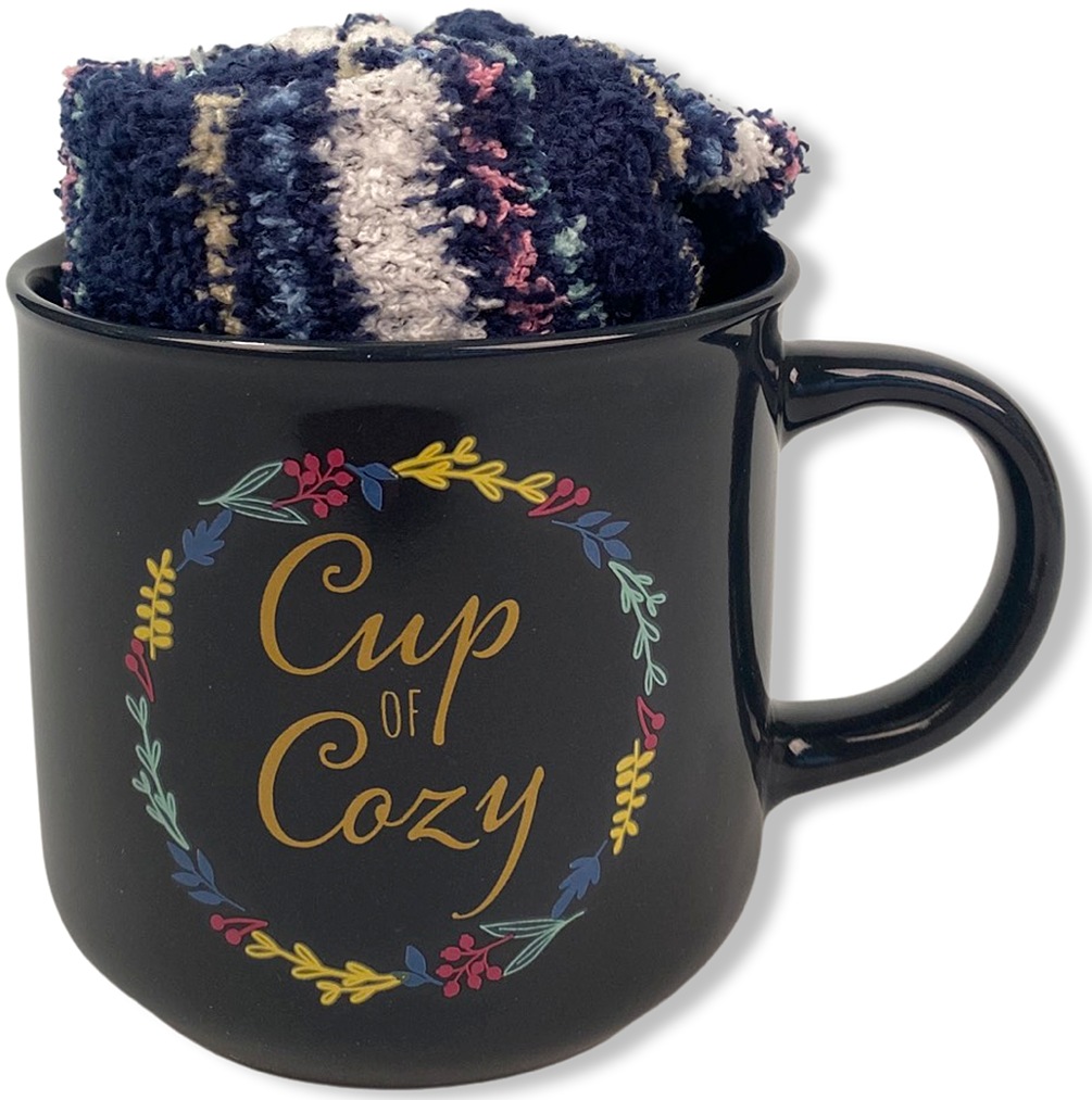 Capelli New York Kuschelsocken, (1 Tasse und 1 Paar Socken), Geschenkset mit gemütlichen Socken und "Cup of Cozy" Tasse mit Blumen