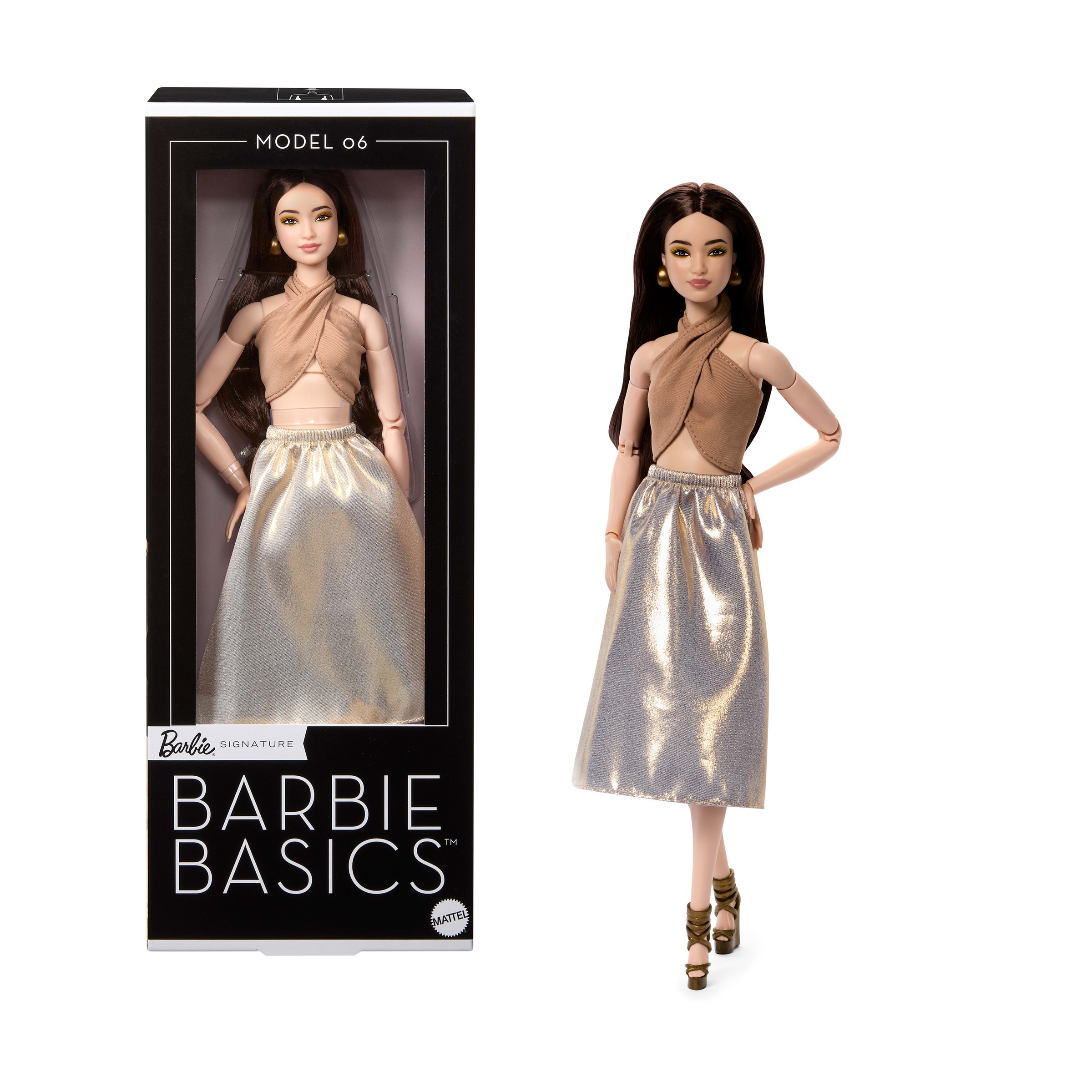 Barbie Basics  Modelo 06  para coleccionistas con Melena castaña, Falda Dorada Brillante y Top Halter,  Cuerpo articulado, Mattel JJX25