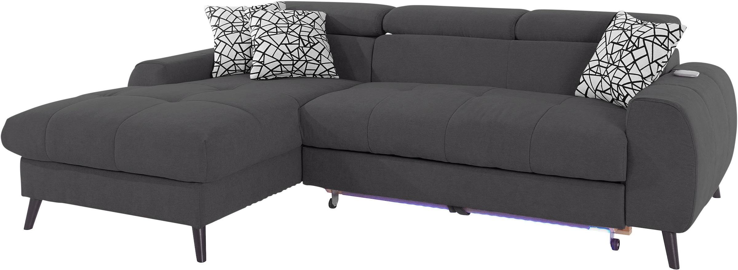 COTTA Ecksofa »Mia L-Form mit 3 Zierkissen« wahlweise mit Bettfunktion, Bettkasten, Beleuchtung & Wireless-Charger