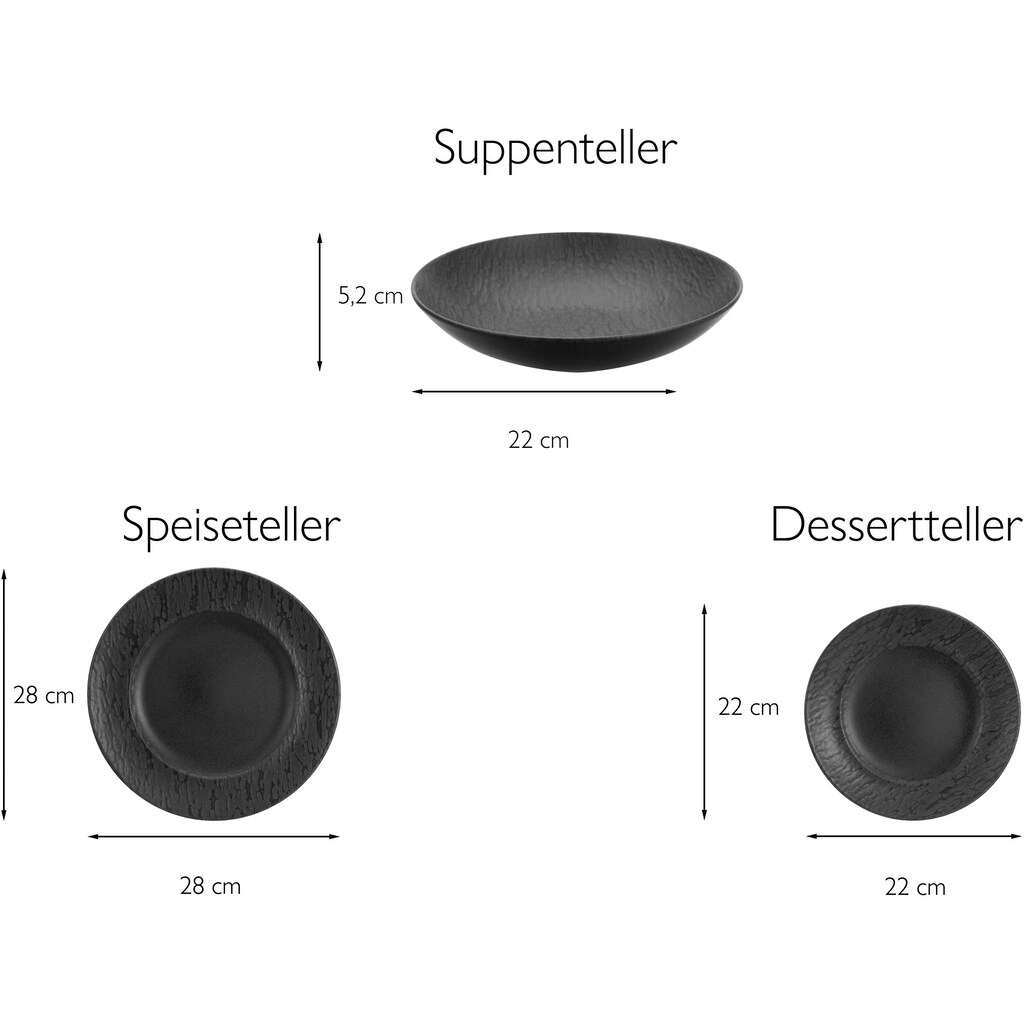CreaTable Teller-Set »Geschirr-Set Schiefer«, (Set, 12 tlg., Tafelservice für 4 Personen), Service, schwarz, schieferoptik, 12 Teile, für 4 Personen