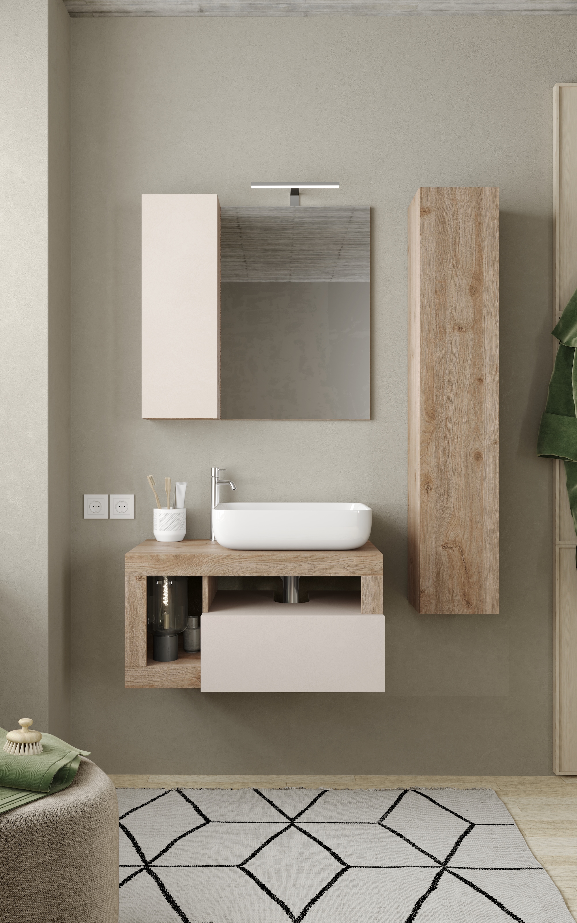 welltime Badmöbel-Set »Hamburg, Badezimmerset 2tlg. Breite 79 cm, Badmöbel, Waschtisch inkl.«, (Spar-Set, 2 St.), Waschbecken, Spiegelschrank mit LED Aufbauleuchte, Soft-Close-Funktion