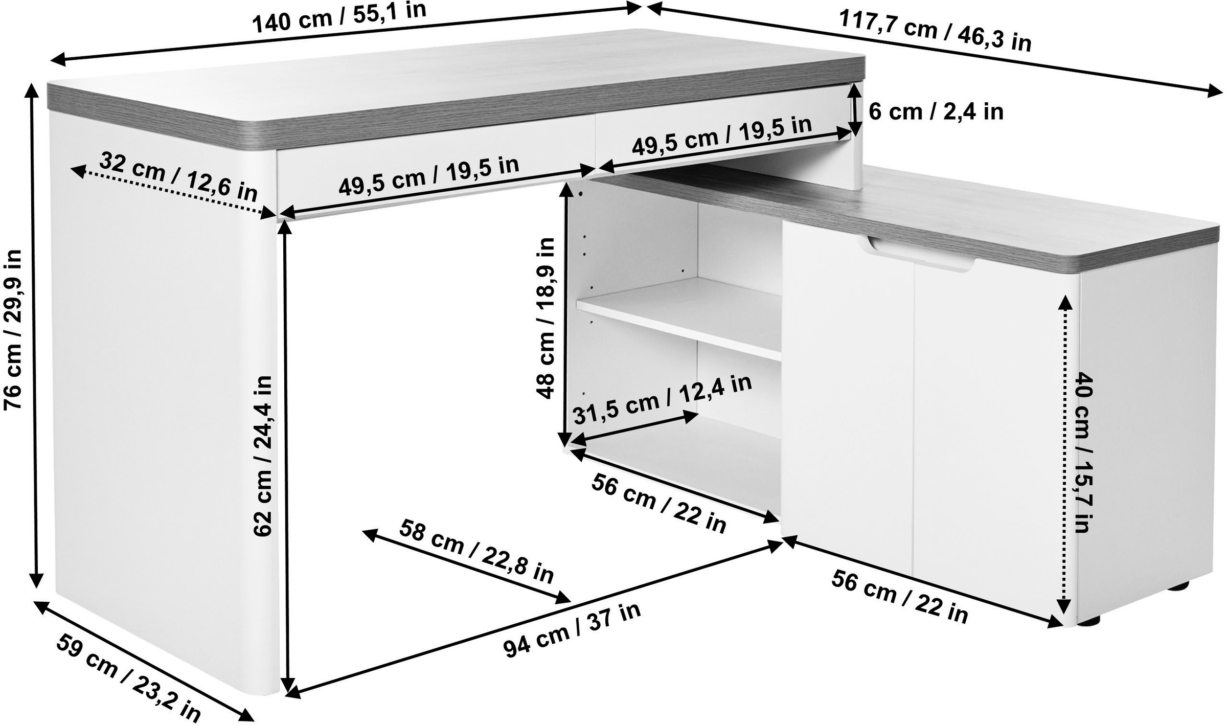 Jahnke Eckschreibtisch »LIBRE-C 155 E«, wechselseitig montierbar