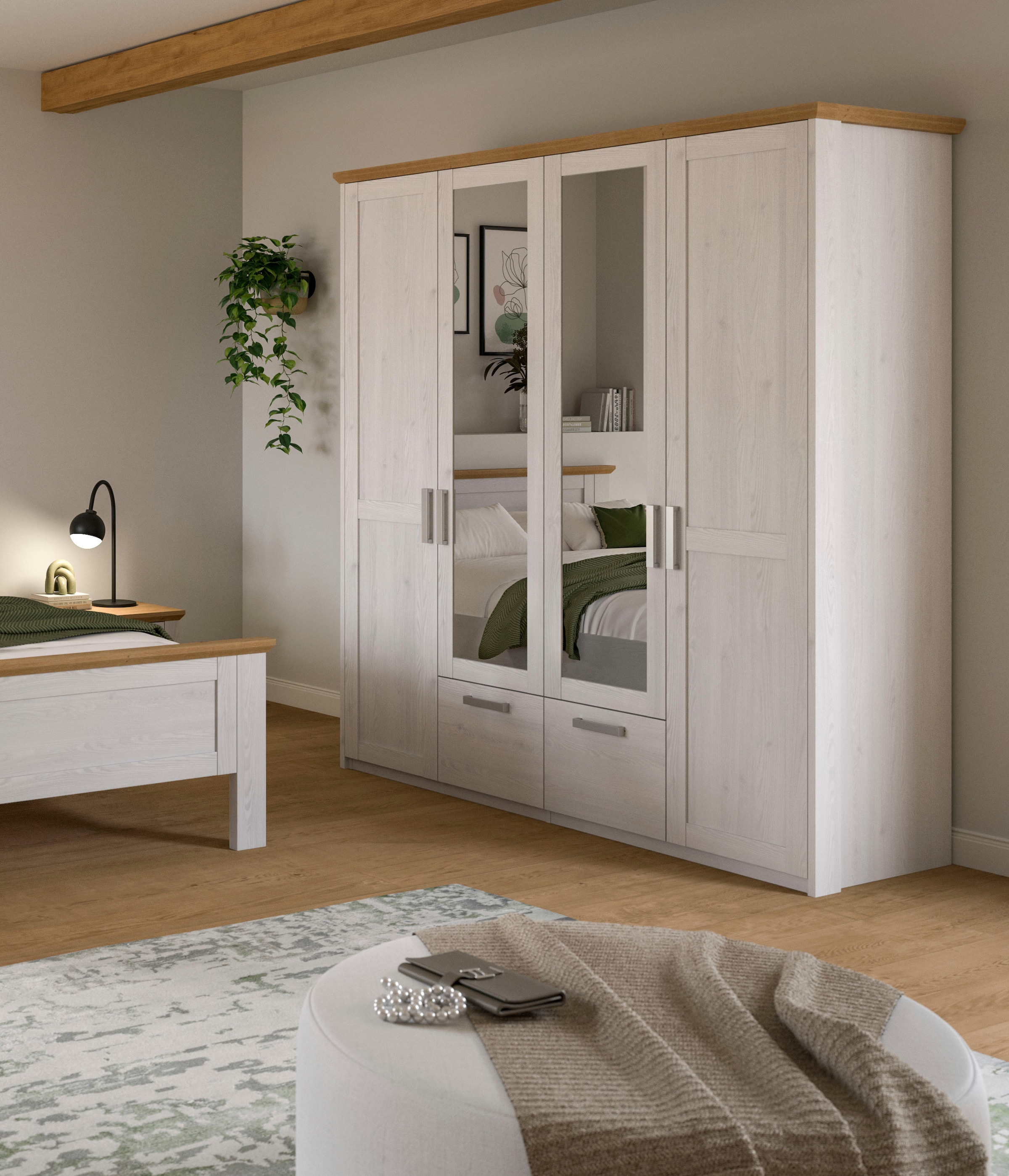 Home affaire Kleiderschrank »COSENZA, Breite 188cm, viel Stauraum, in Landhausoptik« 2 Schubkästen mit Vollauszug, 4 Türen, 2 Kleiderstangen, viel Stauraum,  Schlafzimmerschrank, Schrank, Garderobenschrank