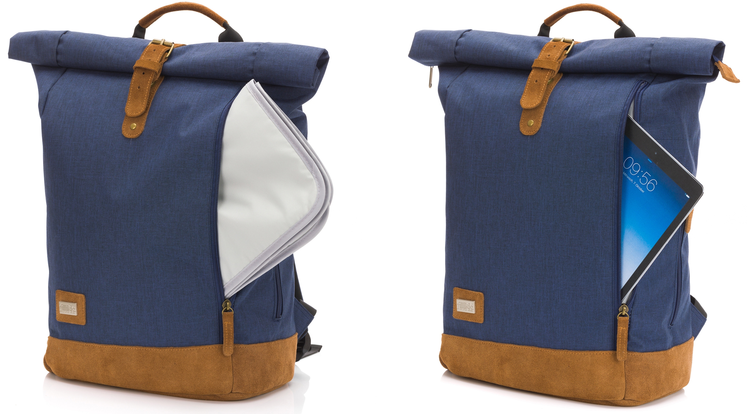Fillikid Wickelrucksack »Rolltop Berlin, navy melange«, Reflektoren, inkl. Wickeltunterlage
