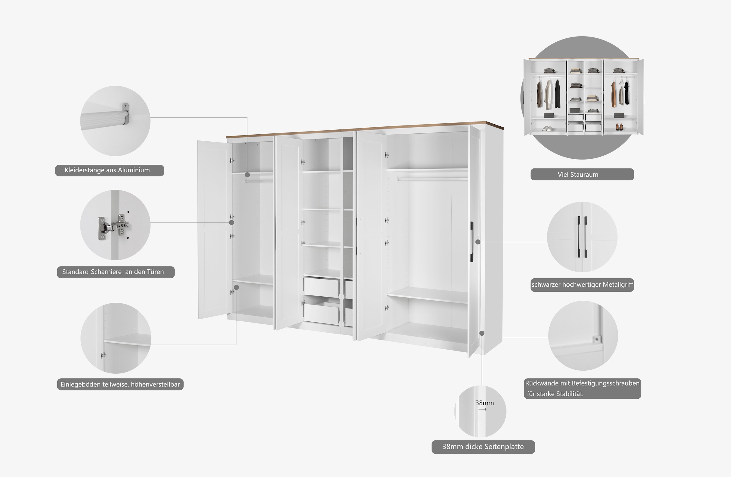 OTTO home Kleiderschrank »Büsum Schlafzimmer Schrank mit 6 Türen« stabile robuste Bauweise mit optimaler Aufteilung  - Breite 3m,  Schlafzimmerschrank Landhaus Design Garderobe Schrank Bestseller