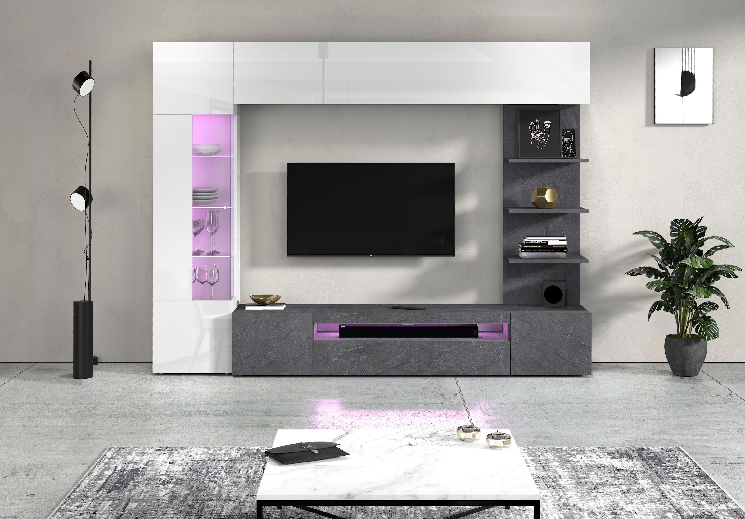 OTTO home Wohnwand »Wohnwand New Egypt, Anbauwand, Medienwand, Wohnzimmerwand« Weiß in Hochglanz, alle anderen Farben in matter Ausführung., 4 Stk. tlg.
