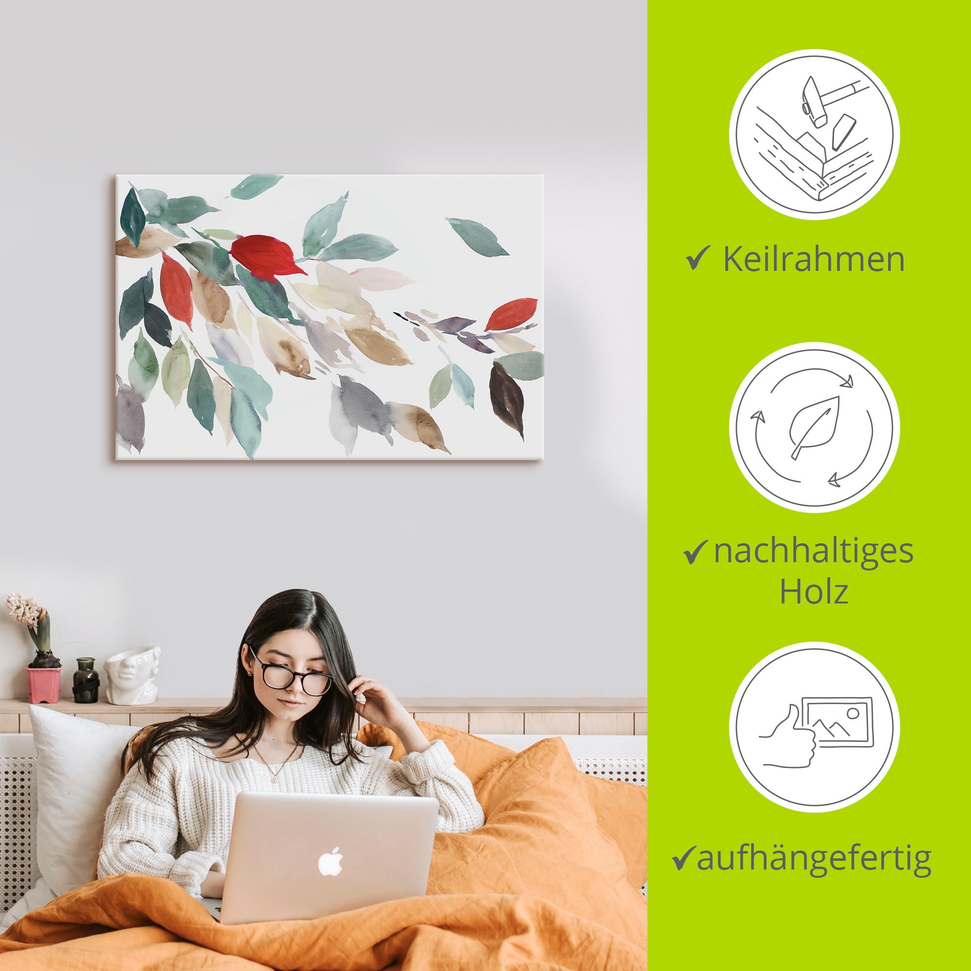 Artland Leinwandbild »Herbstfarbene Blätter III« Blätterbilder 1 Stk. tlg. auf Holzrahmen gespannt