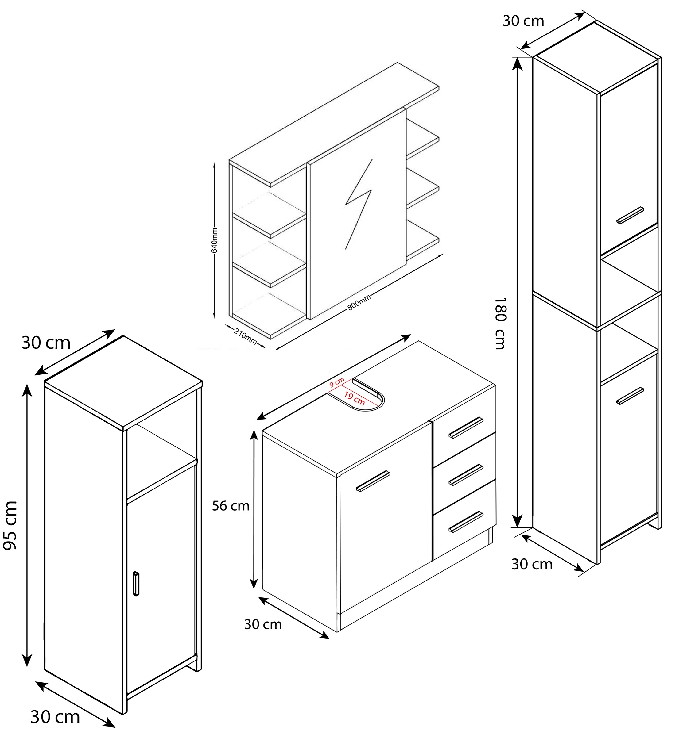 VCM Waschbeckenunterschrank »VCM 4-tlg. Badmöbelset | Badmöbel | Set aus Unterschrank, Midischrank, Hochschrank und Spiegelschrank | Badezimmermöbel - Zalo III«, (4 St.)