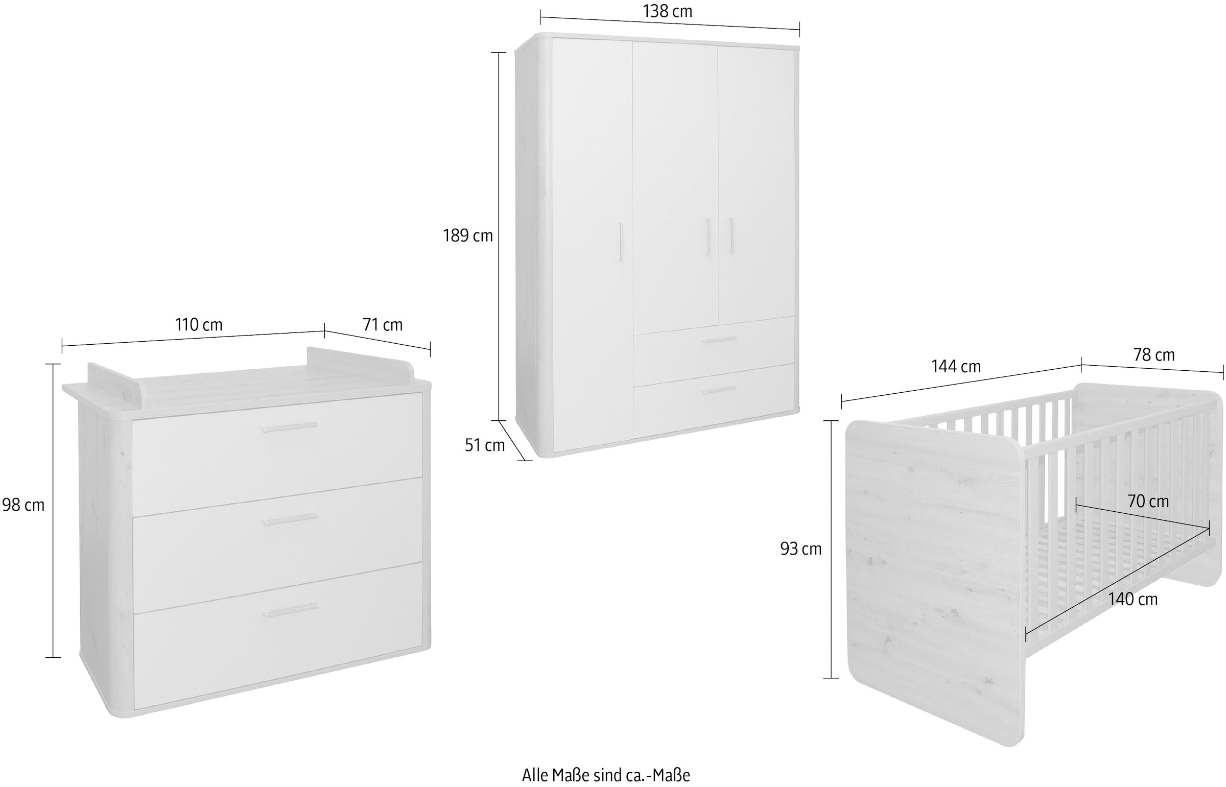 Mäusbacher Babymöbel-Set »Lilly«, (3 tlg., Wiko/Bett/Kleiderschrank)