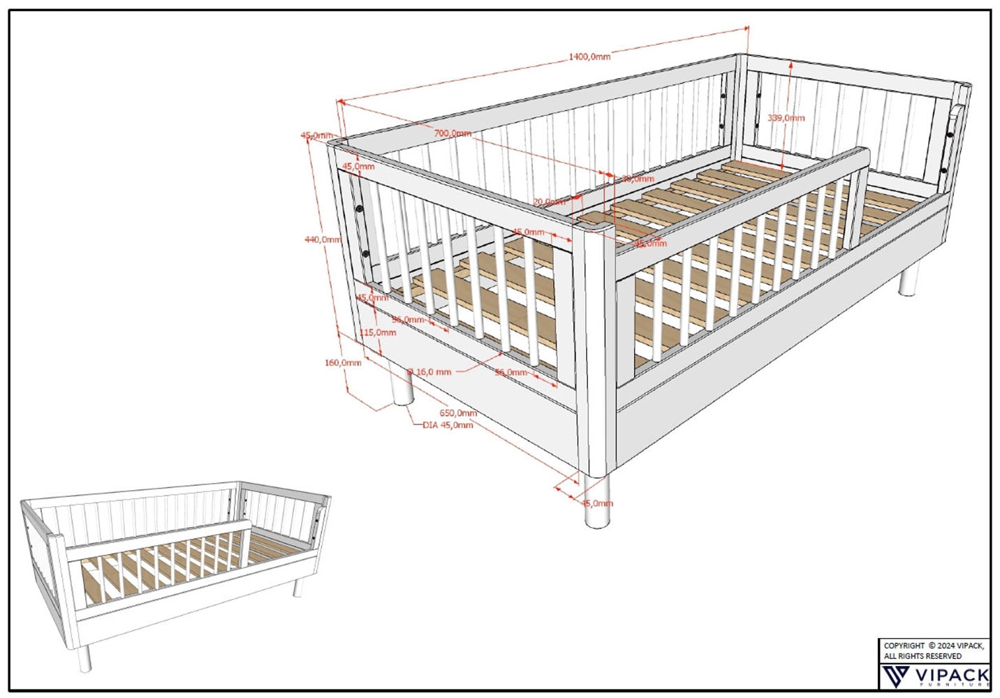 Vipack Kinderbett »Forrest Juniorbett 70/140 cm, mit Sprossen, Buche massiv« B/H/T ca.: 144x60x74 cm, mit Lattenrost, weiß lackiert,  vorne mit Absturzschutz u. niedriger Betteinstieg