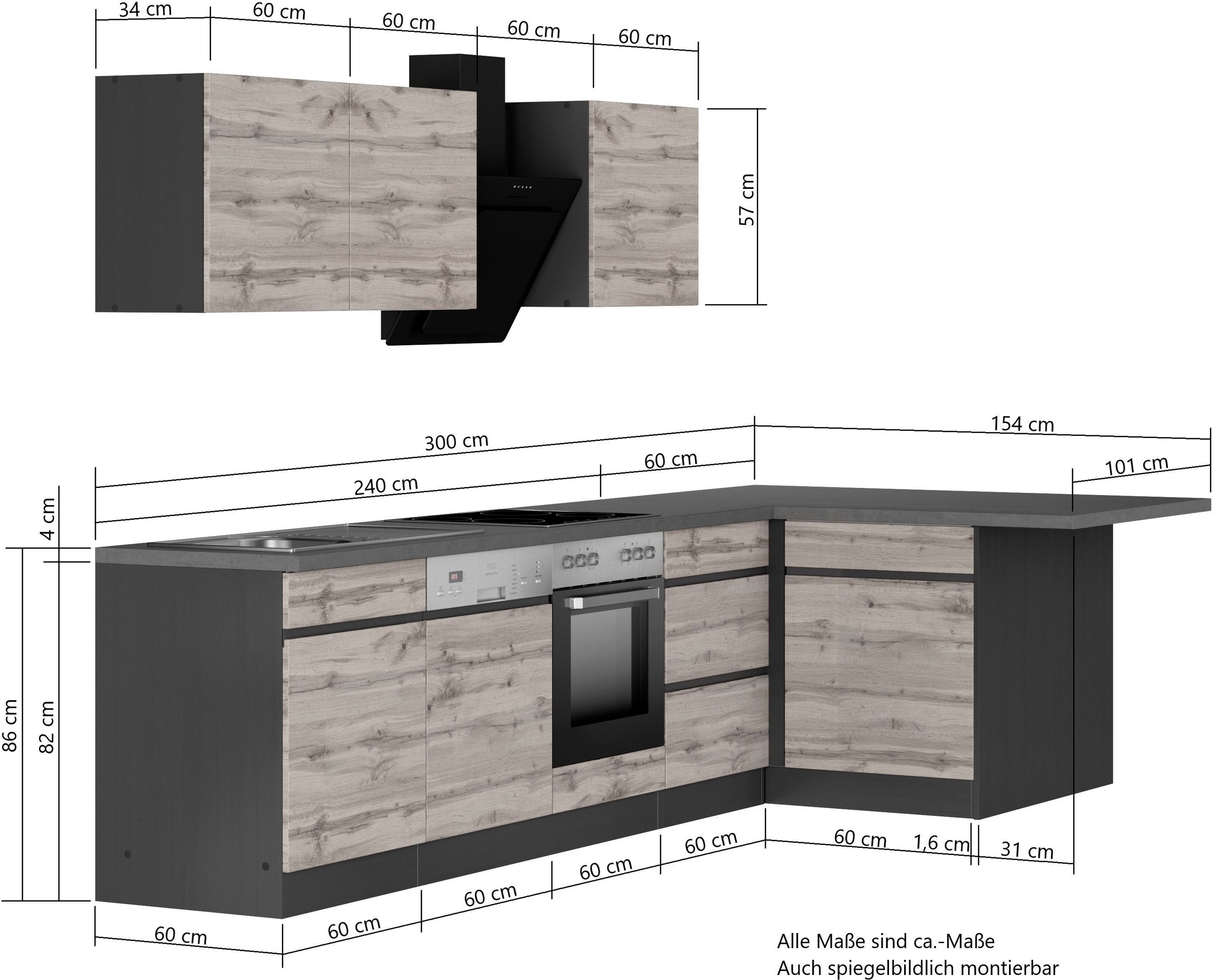 KOCHSTATION Winkelküche »KS-Riesa« Stellbreite 340x150 cm, wahlweise mit oder ohne E-Geräte