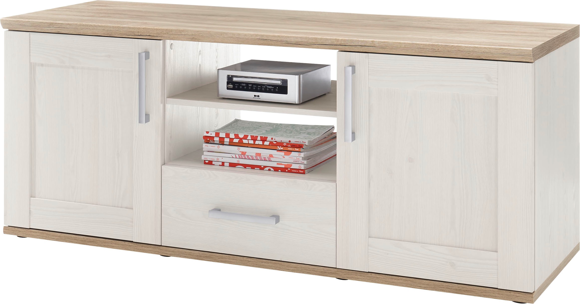 HBZ Lowboard »Romance Landhaustil, TV Möbel bis 55 Zoll, BxHxT 143x59x50 cm«, (1 St.), Mit 2 Türen, 2 offene Fächer, 1 Schubkasten