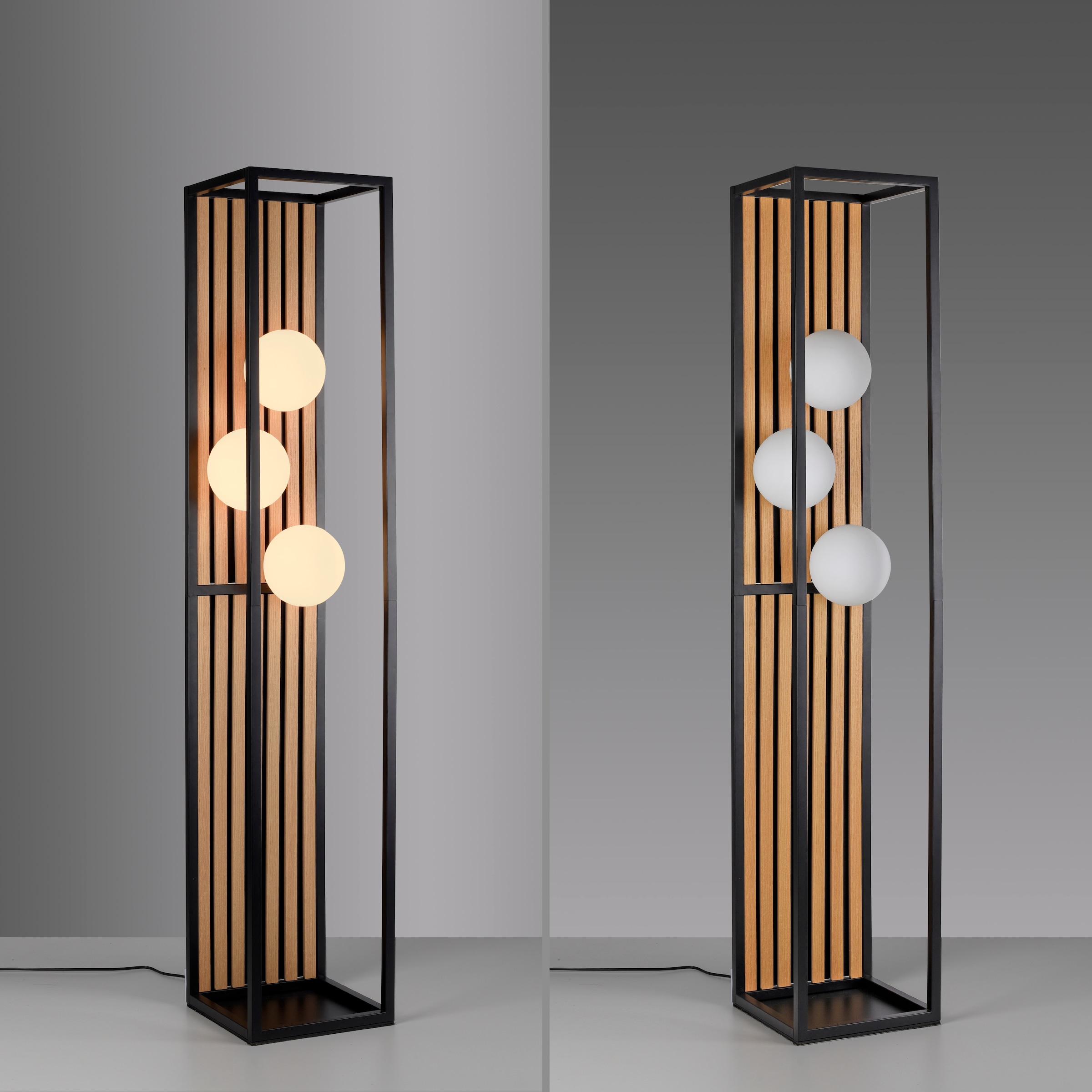 my home Stehlampe »Erinette Akustikpaneele mit Glaskugeln« E14 Warmweiß Holz, Akustik, Paneele, Glas, opal matt weiß, Stehleuchte, Fußschalter