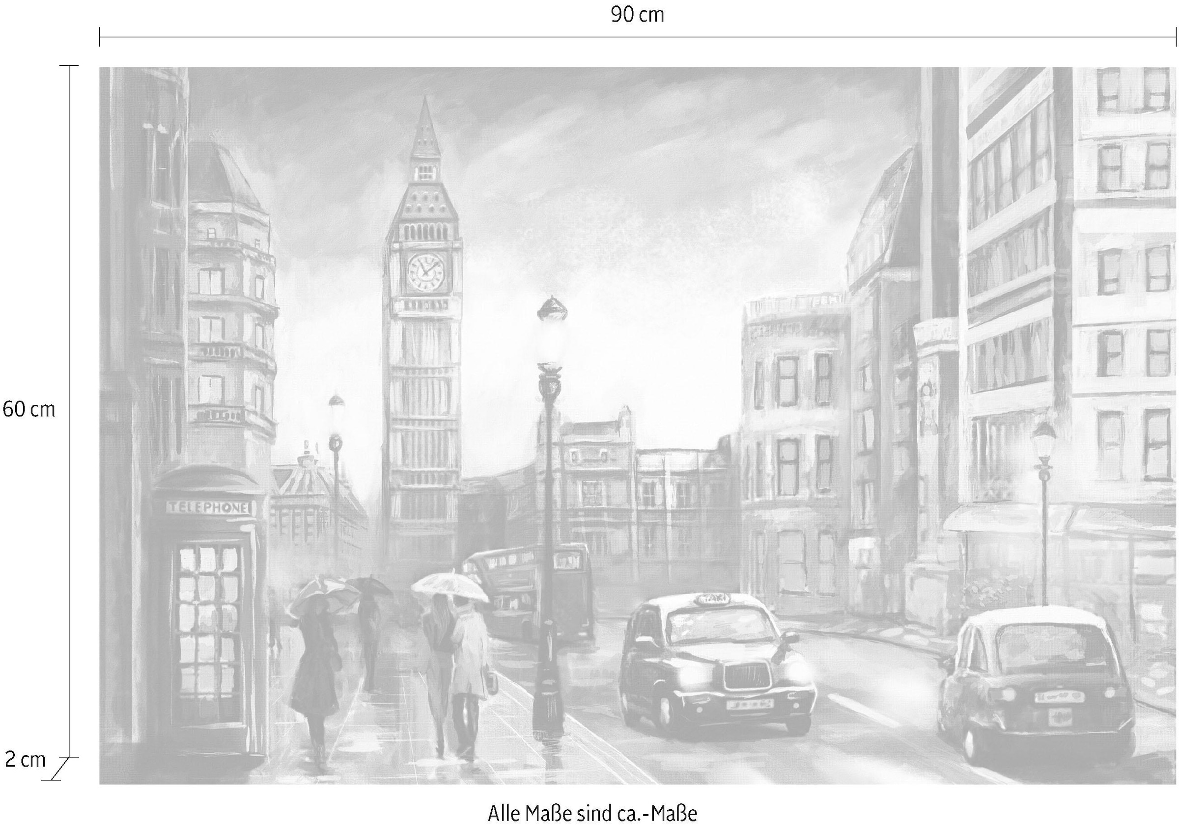 Places of Style Leinwandbild »London«, London-Schwarz-Weiß-Kunst-Modern-Fahrzeuge-Menschen-Rain-Städte, Premium-Leinwandstoff, Handarbeit aus Deutschland, 90x60cm