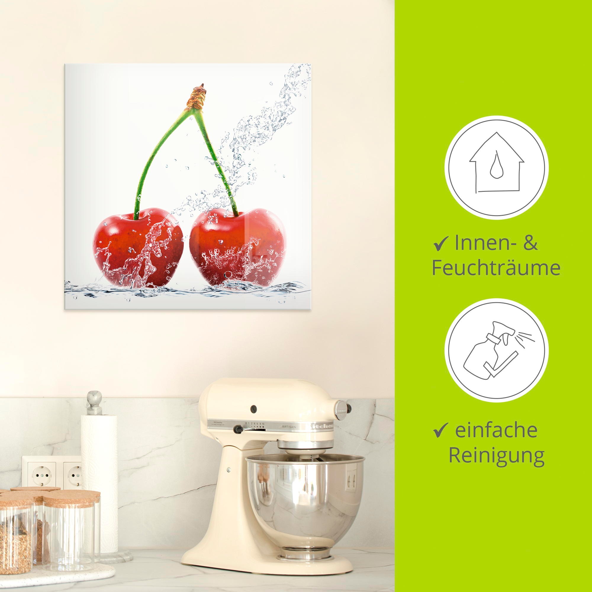 Artland Glasbild »Kirschen mit Spritzwasser« Lebensmittel 1 Stk. tlg. in verschiedenen Größen