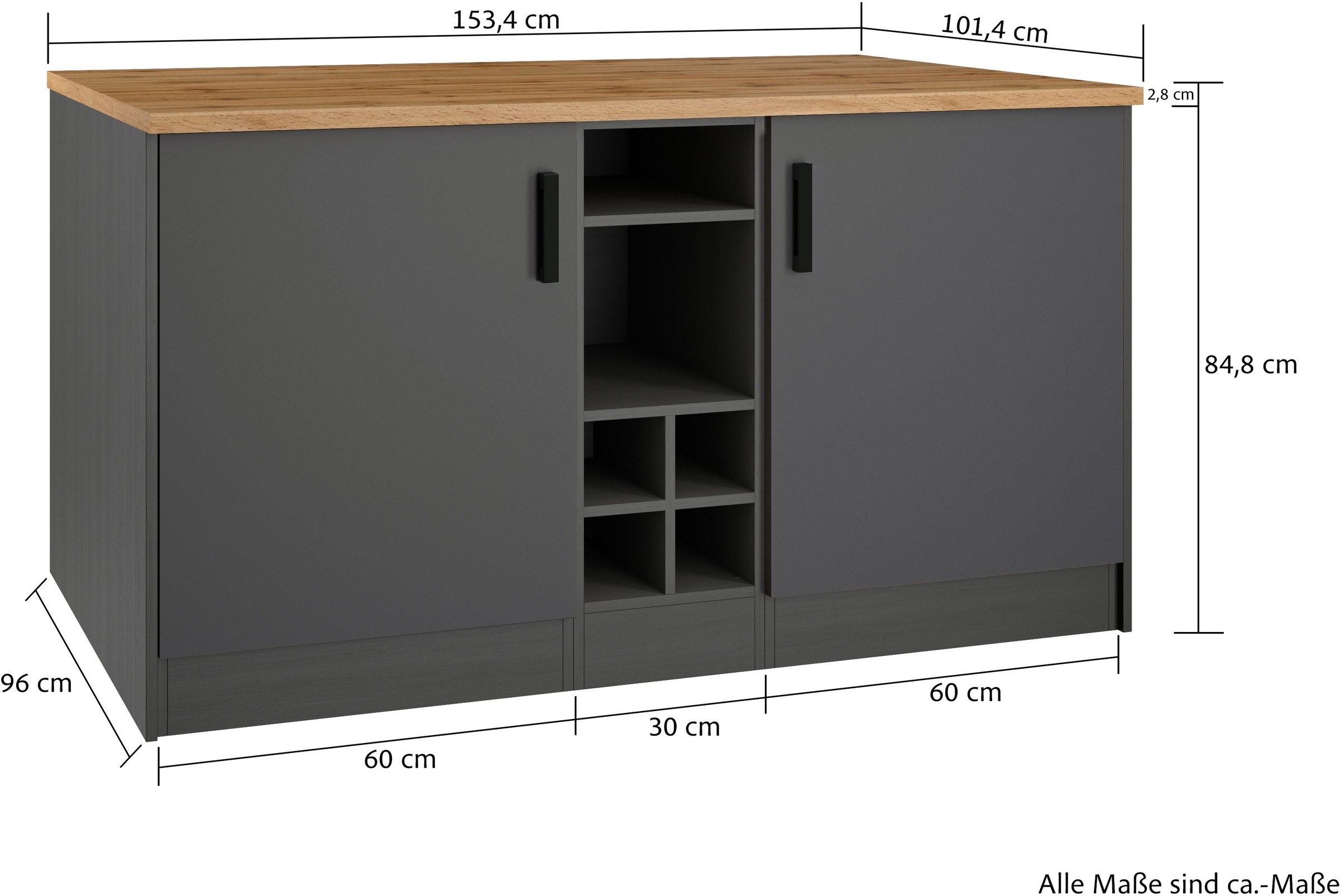 KOCHSTATION Kücheninsel »KS-Toronto«, Breite 153 cm, MDF-Fronten, Flaschenregal