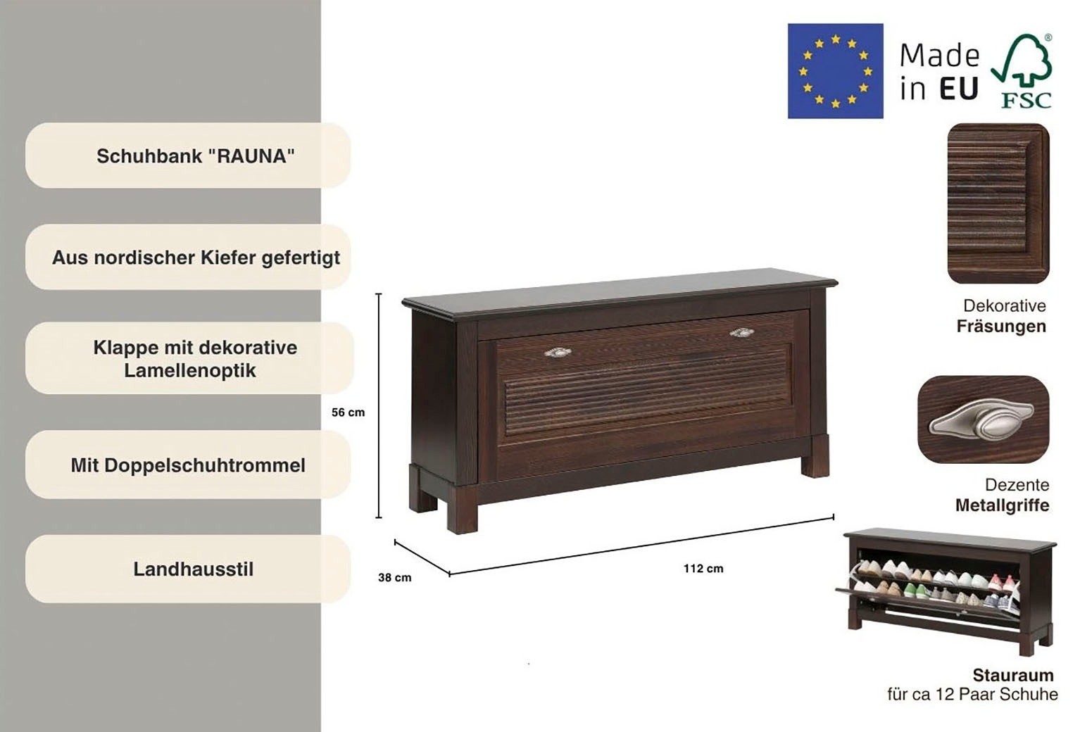Home affaire Schuhbank »Rauna«, Aus massiver Kiefer, mit dekorativen Fräsungen, FSC®