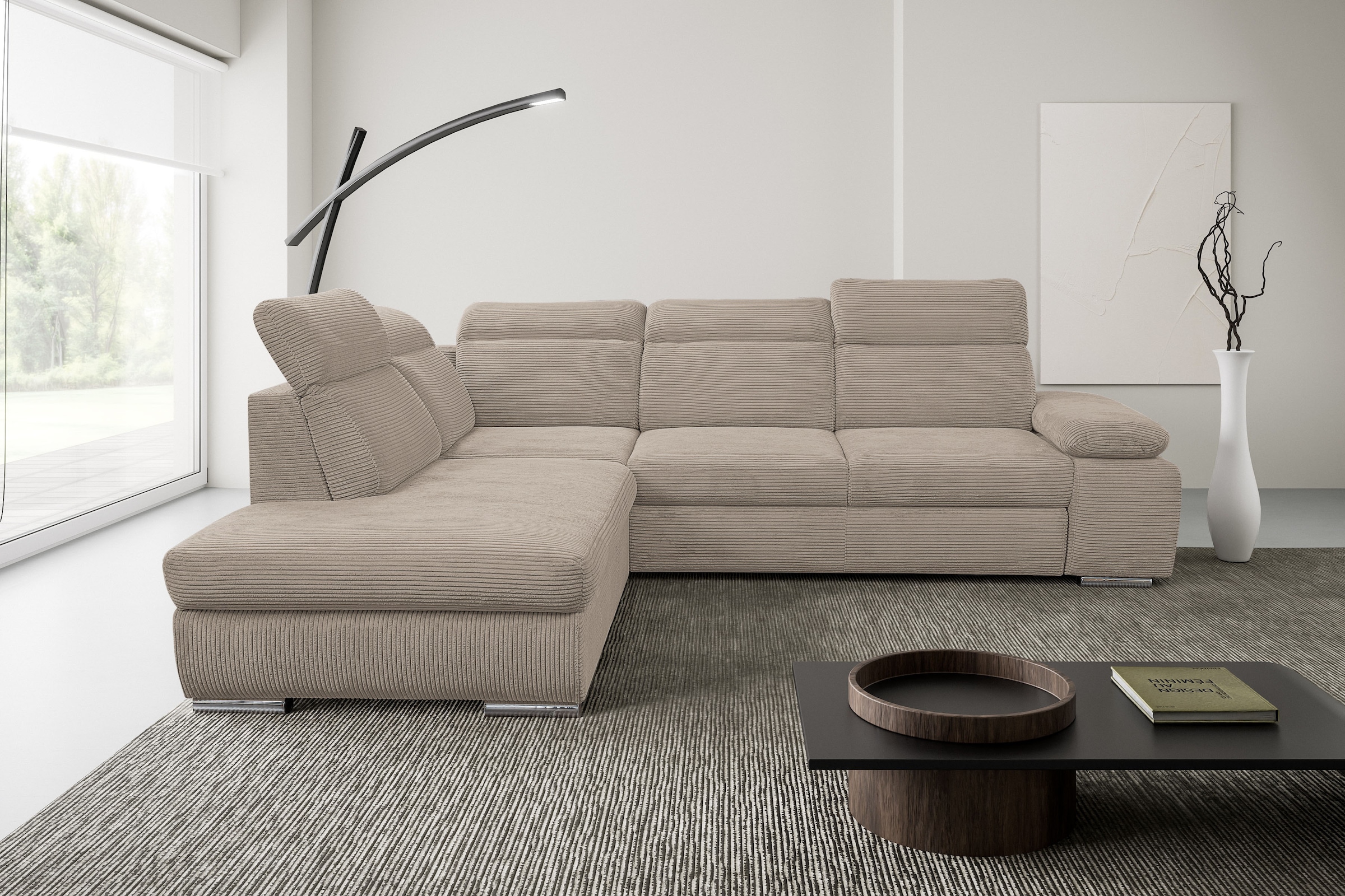 WERK2 Ecksofa »Alicante Cord, inkl. Bettfunktion & Bettkasten, Breite 280cm, L-Form« Schlafsofa mit Bettkasten & verstellbaren Kopfstützen.