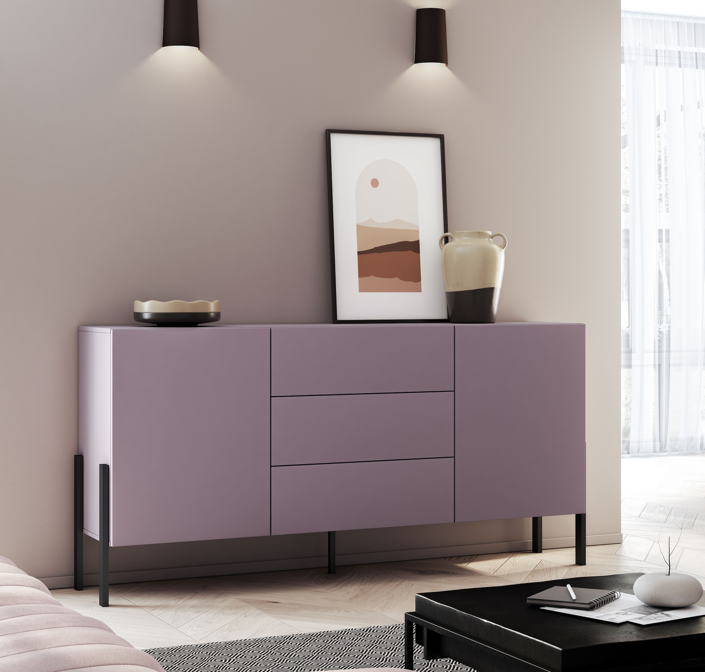 INOSIGN Sideboard »Jukon, Breite 150 bzw.180 cm, moderne grifflose Kommode«, Schubladenschrank 2 Türen/3 Schubkästen, push-to-open-Funktion