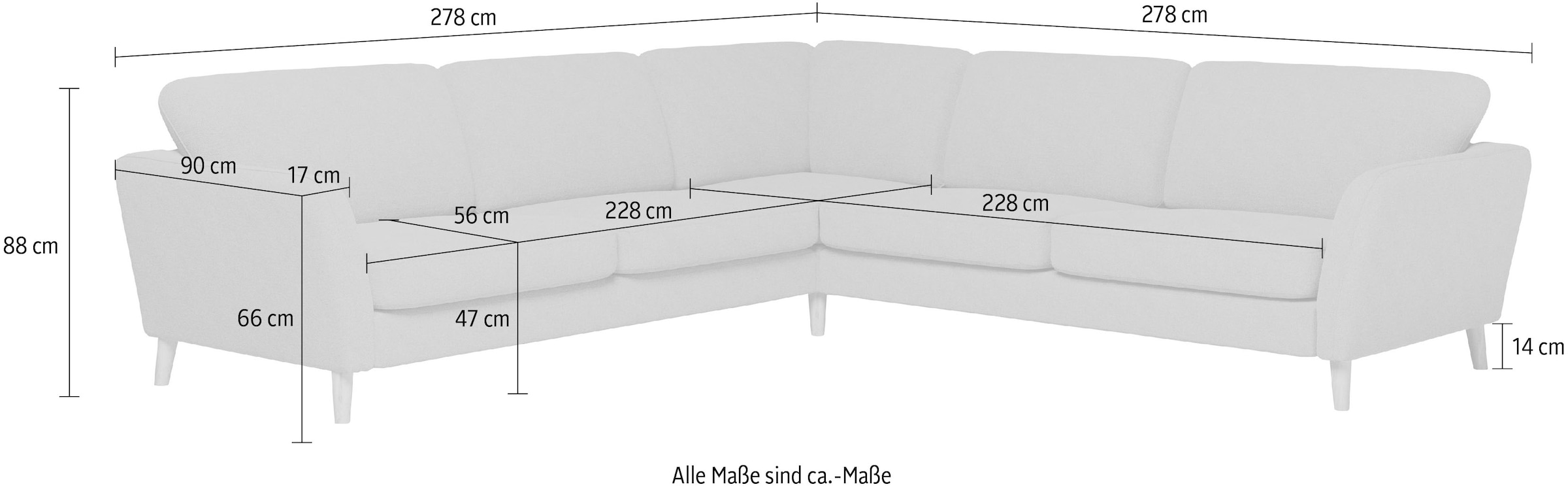 Home affaire Ecksofa »MARSEILLE 278/278 cm, L-Form,«, gleichschenklig, aus Eiche-Massivholz Beinen, verschiedene Bezüge