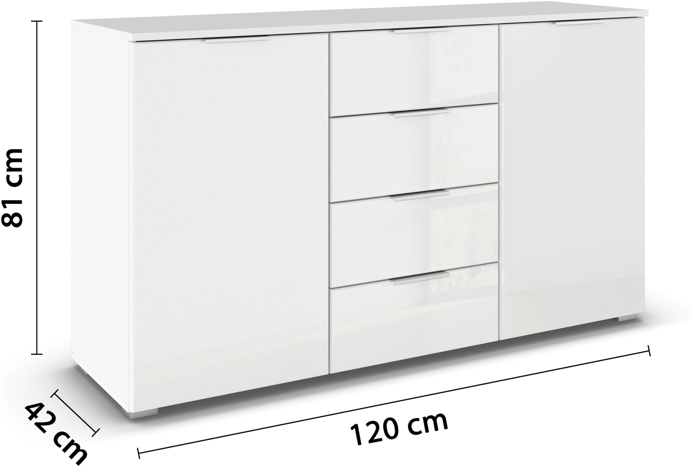 OTTO home »Sideboard Kombikommode Schubladenkommode AGORDO mit Glasfront« in zwei Griff-Farben, Breite 120 cm,  vier große Schubladen, mit insgesamt 4 Einlegeböden MADE IN GERMANY