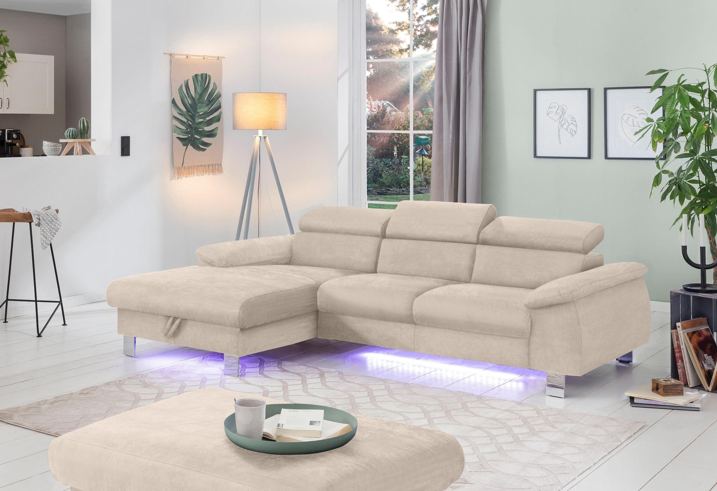 COTTA Ecksofa Komaris, Ecksofa, wahlweise mit RGB-LED-Beleuchtung und Bettfunktion/Bettkasten